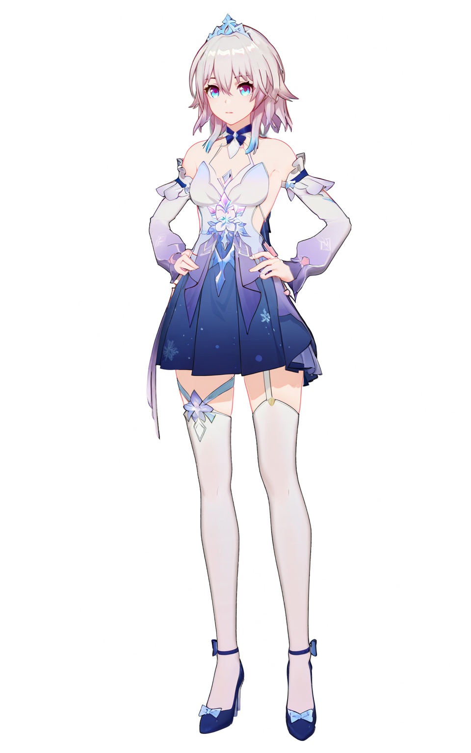 8k, best quality, masterpiece, (ultra-detailed), (high detailed skin), (white background:1.3), (full body:1.25), (white background), standing, looking at viewer, (solo:1.3), hands on hips, <lora:March7-artiwaifu-Tanger:0.8>, sanyueqi, 2nd clothes, blue princess short dress, 1girl, blue eyes, bangs, bare shoulders, dress, white thighhighs, (beautiful_face), ((intricate_detail)), clear face, ((finely_detailed)), fine_fabric_emphasis, ((glossy)), full_shot, 
