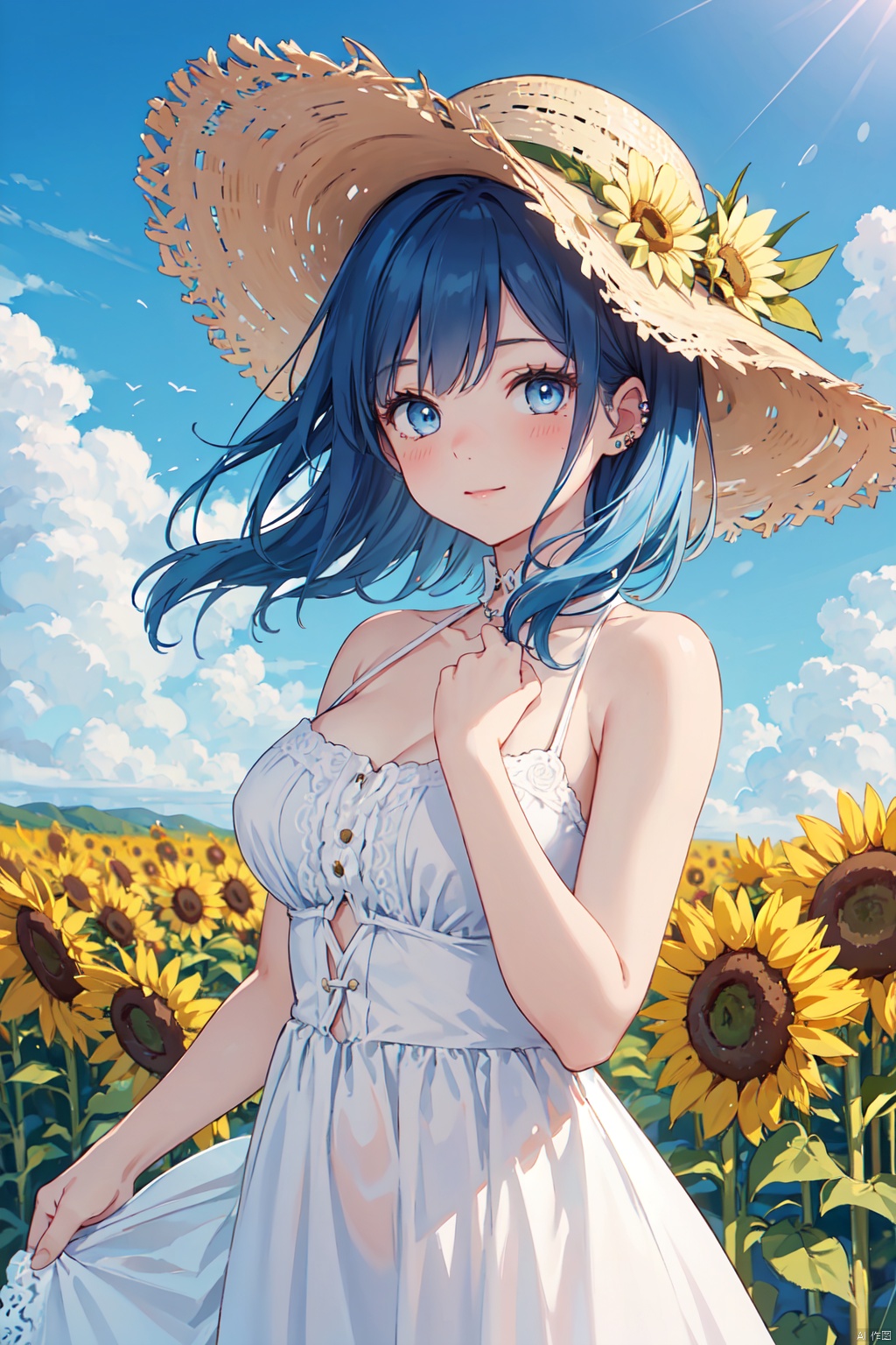 A breathtaking masterpiece! A stunning young woman with striking blue hair and piercing blue eyes poses in a picturesque field of sunflowers, her sleeveless white dress fluttering gently in the breeze. She wears a straw hat adorned with a yellow flower, her bangs framing her radiant smile as she gazes directly at the viewer. Her bare shoulders and medium breasts are subtly showcased, while her hand rests on the brim of her hat. The bright blue sky above is dotted with fluffy clouds, creating a soft focus effect that blurs the edges. As she looks up at the heavens, a gentle blush rises to her cheeks.