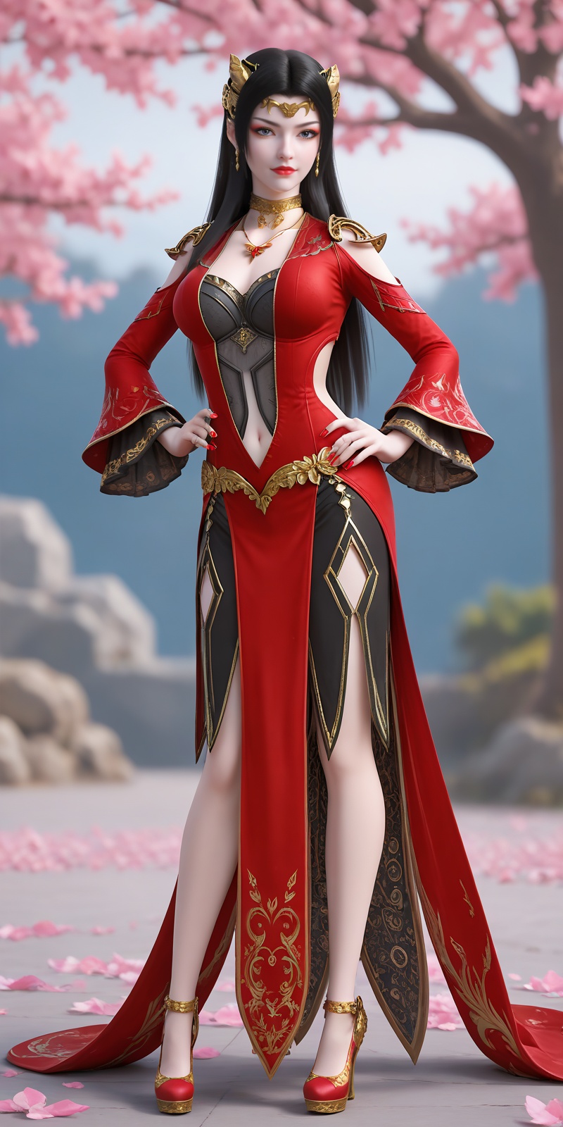 <lora:美杜莎pony-000013:0.6>,meidusha,1girl,solo,jewelry,dress,black hair,red dress,full body,clothing cutout,long hair,earrings,hand on own hip,red footwear,breasts,high heels,red nails,necklace,navel cutout,hair ornament,standing,looking at viewer,navel,depth of field,masterpiece,best quality,very aesthetic,2024,2023,perfect composition,ultra-detailed,extreme aesthetic,(quasarcake:0.7),masterpiece,best quality,good quality,newest,year 2024,year 2023,very aesthetic,absurdres,looking_at_viewer,colorful,