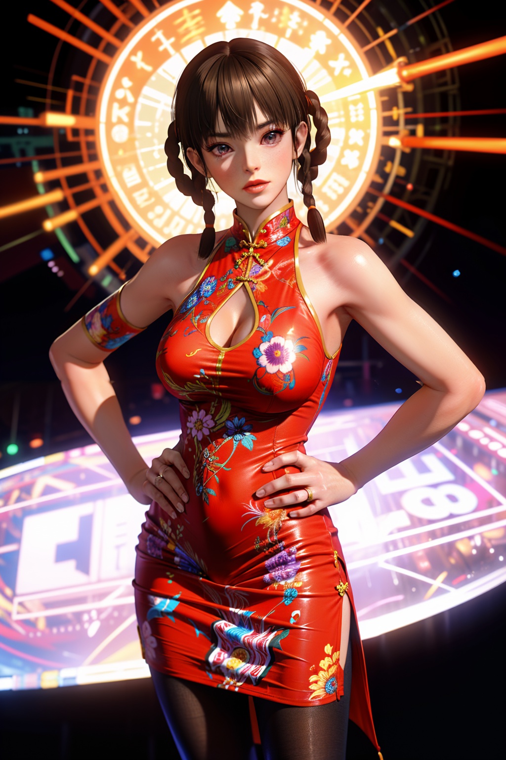 1girl,(solo:1.1),((masterpiece,high quality,best quality,8k,wallpaper,fine lineart,highly detailed,absurdres)),model,thin,cheongsam,china_dress,(pantyhose:1.1),large breasts,Bustling city,standing,hands on hips,front view,(dutch angle:1.1),(fisheye:1.2),cowboy shot,pretty hands,perfect hands,leifang,Best quality,masterpiece,ultra high res,<lora:leifang2rface-000005:0.7>,purple eyes,