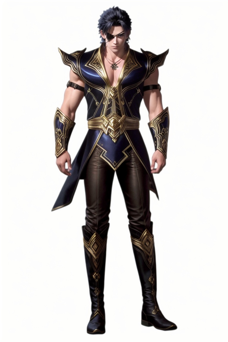 ((HRD, HUD, 8K)),((masterpiece, best quality)), highly detailed, soft light,1boy, solo, black hair, brown eyes, eyepatch, scar, scar on face,necklace, jewelry, muscular,armor, boots, simple background, white background, full body, long legs, standing, looking at viewer,  <lora:20240325-1711375441925:0.7>