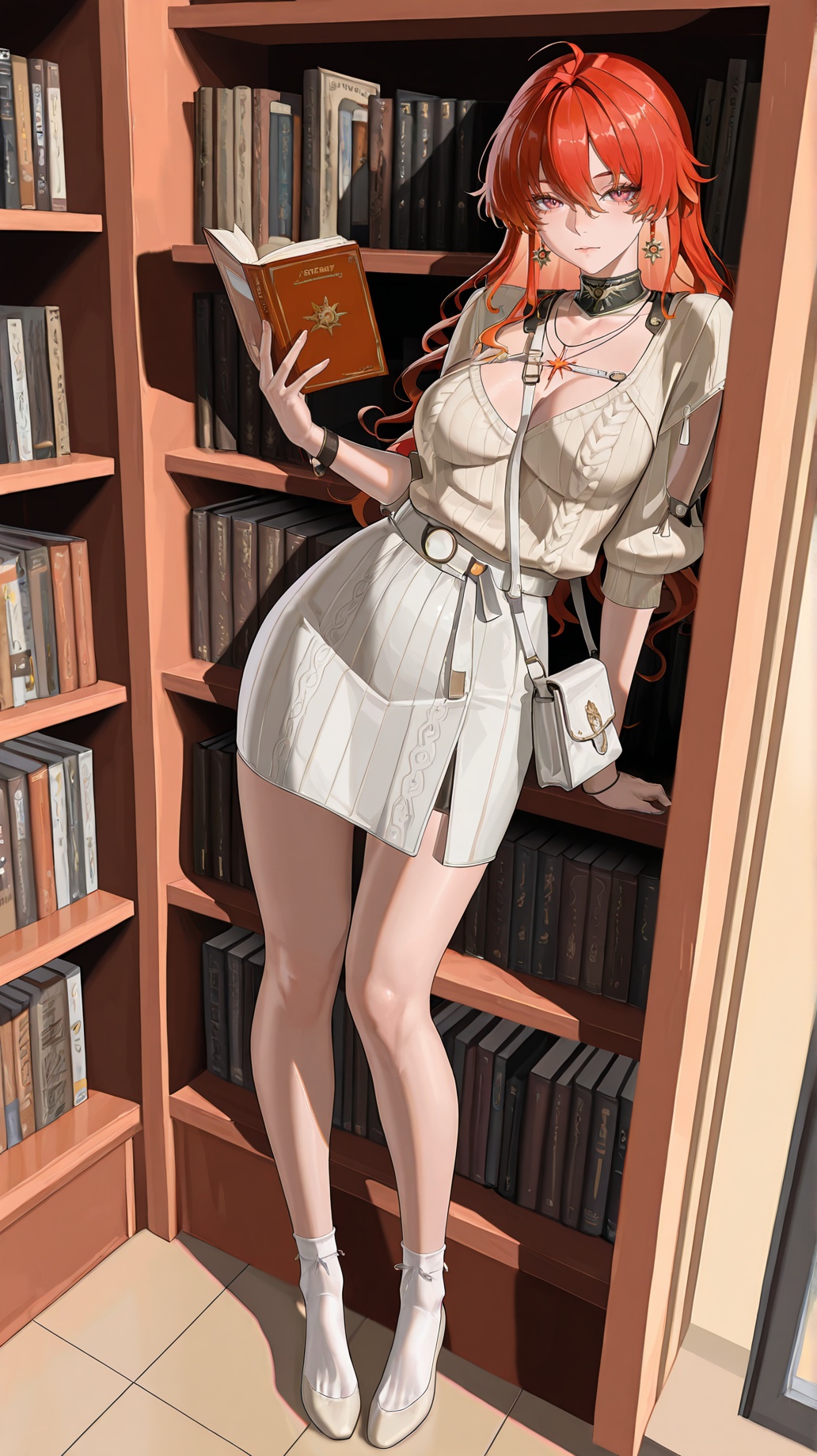 masterpiece,best quality,amazing quality,<lora:augusta-000025:0.8>,1girl,red eyes,red hair,augusta \(wuthering waves\),<lora:20250808-1754650692631:0.8>,zhigan3d,1girl,solo,breasts,jewelry,looking at viewer,1girl,solo,casual_style,beige_knit_set,knit_top,knit_midi_skirt,loose_fit,white_slipper_socks,round_toe_flats,small_cloth_bag,browsing_books,leaning_on_bookshelf,bookstore,tall_bookshelf,hardcover_books,reading_corner,soft_indoor_light,afternoon,warm_tone,holding_book (open),relaxed_posture,