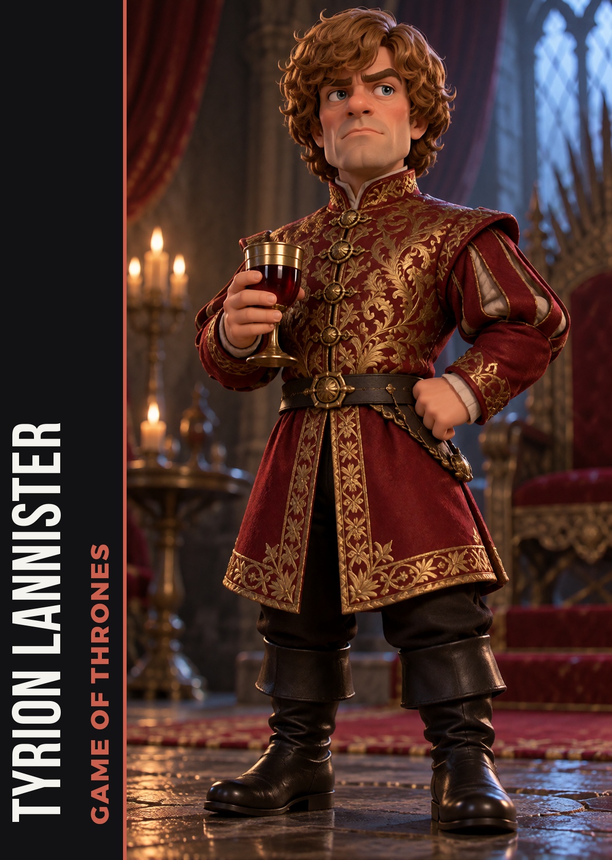 realfig,  Tyrion Lannister in a red and gold doublet with a goblet of wine,  full body on Tensor.Art