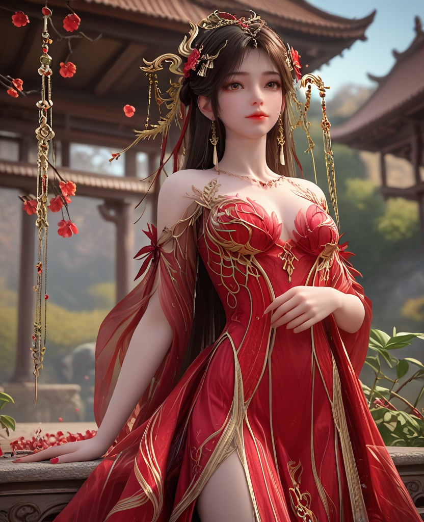 (oriental architecture, elegant decor, sophisticated style:1.1),practicing archery,(breasts:1.2),<lora:XL16完美世界火灵儿婚服:0.95>,chinese bride,red corset gown,brown eyes,black hair,hair ornament,half-up crown braid with long cascading hair,jewelry,earrings,wide flowing sleeves,see-through,, zPDXL2, score_9, score_8_up, score_7_up BREAK realistic, masterpiece,best quality, highly detailed,, zPDXL3, zPDXL2,zPDXL, zPDXLxxx, zPDXLrl,
