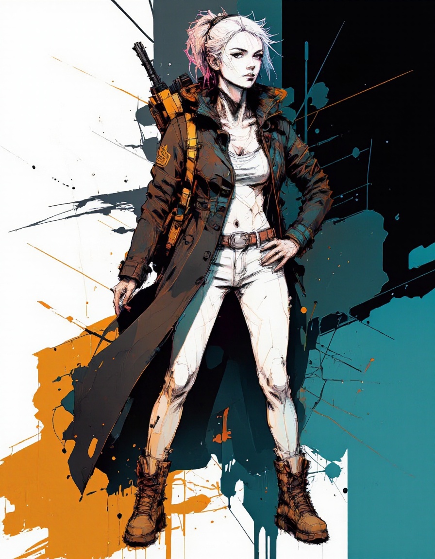 InkPunk style: A confident young woman with white spiky hair in a high ponytail,  wearing a long black trench coat over a...