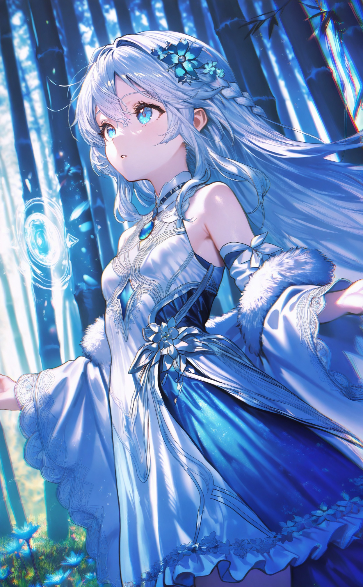 masterpiece,absurdres,best quality,loli,petite,high quality,chromatic_aberration,//,1girl, forest, nature, long hair, solo, blue eyes, white hair, fur trim, flower, hair ornament, dress, outdoors, blue theme, bare shoulders, parted lips, jewelry, hair flower, white dress, tree, looking ahead, brooch, gem, sidelocks, braid, breasts, magic, looking afar, blue flower, light particles, sleeveless, blue gemstone, from side, small breasts, very long hair, hair between eyes, coat, white coat, sunlight, long sleeves, detached sleeves, off shoulder, cowboy shot, bamboo forest, standing, light rays, floating hair, fur-trimmed coat, crown braid, sleeveless dress, skirt, hair intakes, looking up, blue hair, plant, blue skirt, wide sleeves//,Depth of field,(colorful),hdr,Tyndall effect,depth of field,Tyndall Effect,blurry,blurry_background,depth_of_field,bokeh,glowing,//,<lora:ssxd2——【noob】hans:1>,