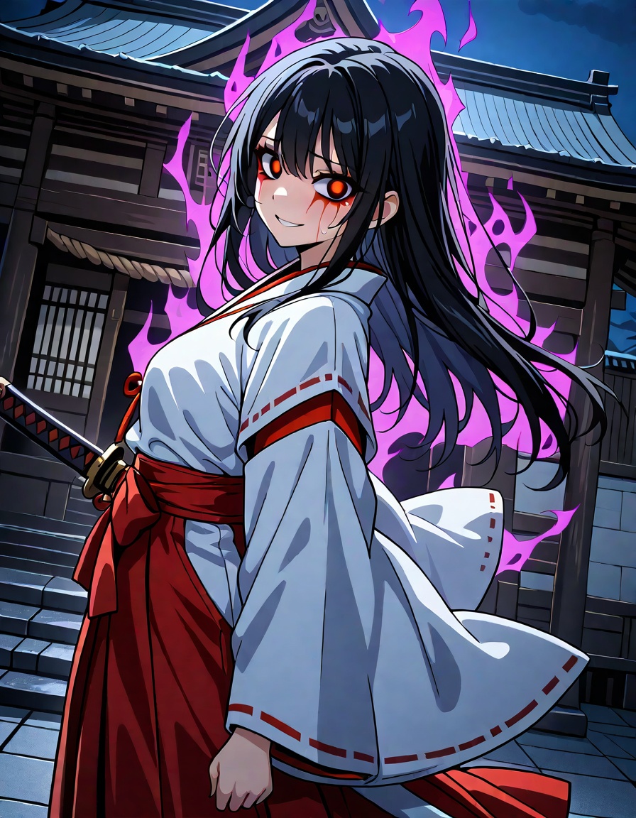 (masterpiece, best quality:1.1), Precinct, dark, night, ghost, 1 girl, black long hair, Japanese, sweat, Blushed expression, smile, aura, Red makeup around the eyes,Shrine Maiden's Clothing, Red and white outfit, katana, draw a katana, stand up, Turn your body away, dynamic angle, A dynamic pose, look back, side view, from side,