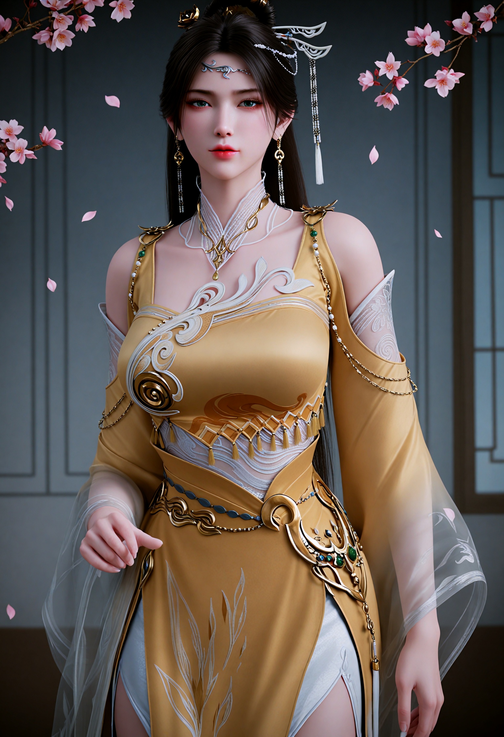 (gigantic breasts:0.6),(slender:1.3),(looking_at_viewer:1.1),(masterpiece:1.1),(best quality:1.2),(intricate details),upper_body,dim lighting,(smog:1.3),(Dark room:1.3),(dim lighting:1.3),peach blossom,falling petals,<lora:YQ_li光辉v5_金瓶儿_V1:0.8>,1girl,solo,q1528437228,long_hair,jewelry,earrings,hair_ornament,dress,black_hair,realistic,chinese_clothes,yellow_dress,green_eyes,brown_hair,hair_bun,necklace,single_hair_bun,bare_legs,feet,hair_rings,masterpiece,(best quality),(intricate details:0.9) BREAK masterpiece,(best quality),(intricate details:0.9),(realistic skin:1.2),