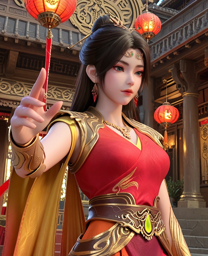 (oriental architecture, elegant decor, sophisticated style:1.1),(Leaning back with arms outstretched,:1.1),(breasts:1.2),<lora:XL神墓东方凤凰:0.95>,miss dongfangfenghuang,red dress,sash,pauldrons,necklace,blue eyes,black hair,hair ornament,hair bun,earrings,jewelry,shawl sleeves,bracer,, score_9,score_8_up,score_7_up,score_6_up,score_5_up,score_4_up,3d rendering,tag1,tag2, Cinematic Lighting,backlighting,