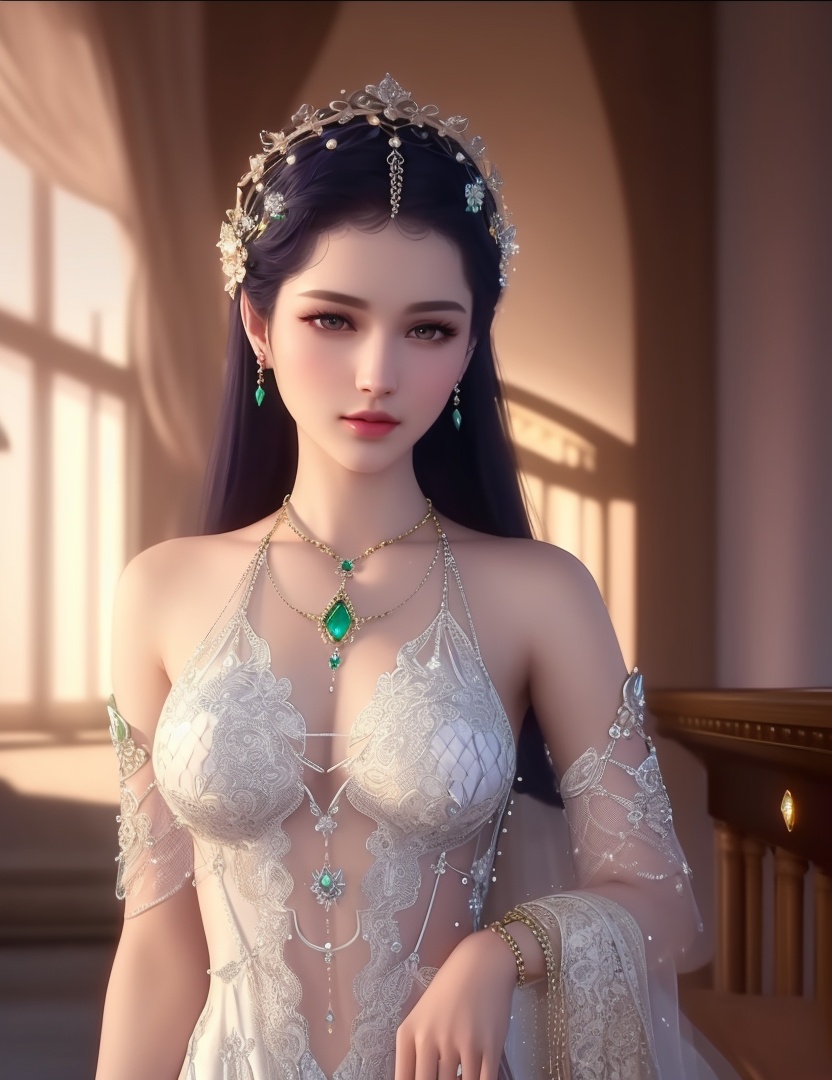 ultra realistic 8k cg, picture-perfect face, flawless, clean, masterpiece, professional artwork, famous artwork, cinematic lighting, cinematic bloom, perfect face, beautiful face, fantasy, dreamlike, unreal, science fiction,  beautiful clothes, lace, lace trim, lace-trimmed legwear,  (rich:1.4), prestige, luxury, jewelry, diamond, gold, pearl, gem, sapphire, ruby, emerald, intricate detail, delicate pattern, charming, alluring, seductive, erotic, enchanting, hair ornament, necklace, earrings, bracelet, armlet,halo((,1girl, pov,))(((,  1girl,  solo,looking at viewer, ))),(((1girl, solo, dress, jewelry)))<lora:DA_WhiteSnakeGreenSnake:0.7>