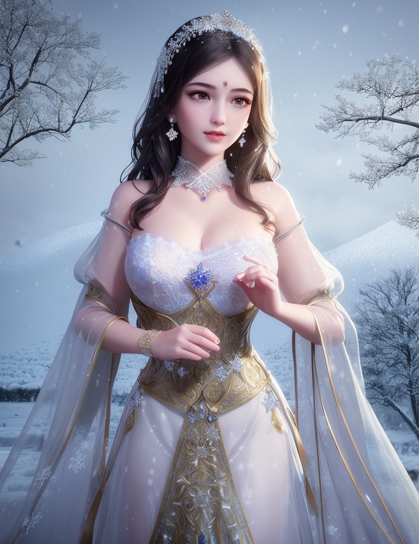 ultra realistic 8k cg, flawless, clean, masterpiece, professional artwork, famous artwork, cinematic lighting, cinematic bloom, perfect face, beautiful face, fantasy, dreamlike, unreal, science fiction,   lace, lace trim, lace-trimmed legwear, luxury, jewelry, diamond, gold, pearl, gem, sapphire, ruby, emerald, intricate detail, delicate pattern, charming, alluring, seductive, erotic, enchanting, hair ornament, necklace, earrings, bracelet, armlet,halo,autumn,((,1girl, pov,best quality, ))  , ((((1girl, solo,outdoors, large breasts,,snowflakes,  snow, snowing,   ))))    <lora:DA_BaiCai:0.7>