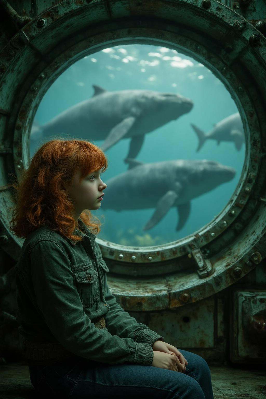midjourney photograph.A young girl with fiery red locks sits pensively beside a massive port hole within the confines of a...