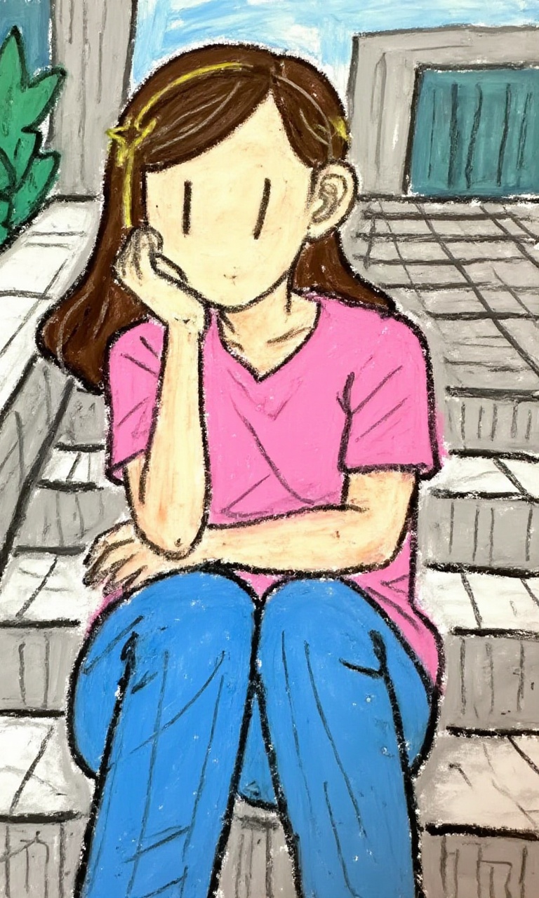 <lora:油画棒:1>，youhuabang-This is a high-resolution cartoon style image,The photo features a young woman dressed in a pink top and blue jeans, seated on outdoor steps. Her hair is flowing freely, and she is resting her chin on her right hand, gazing into the distance. The background consists of the exterior wall of a building and some plants.