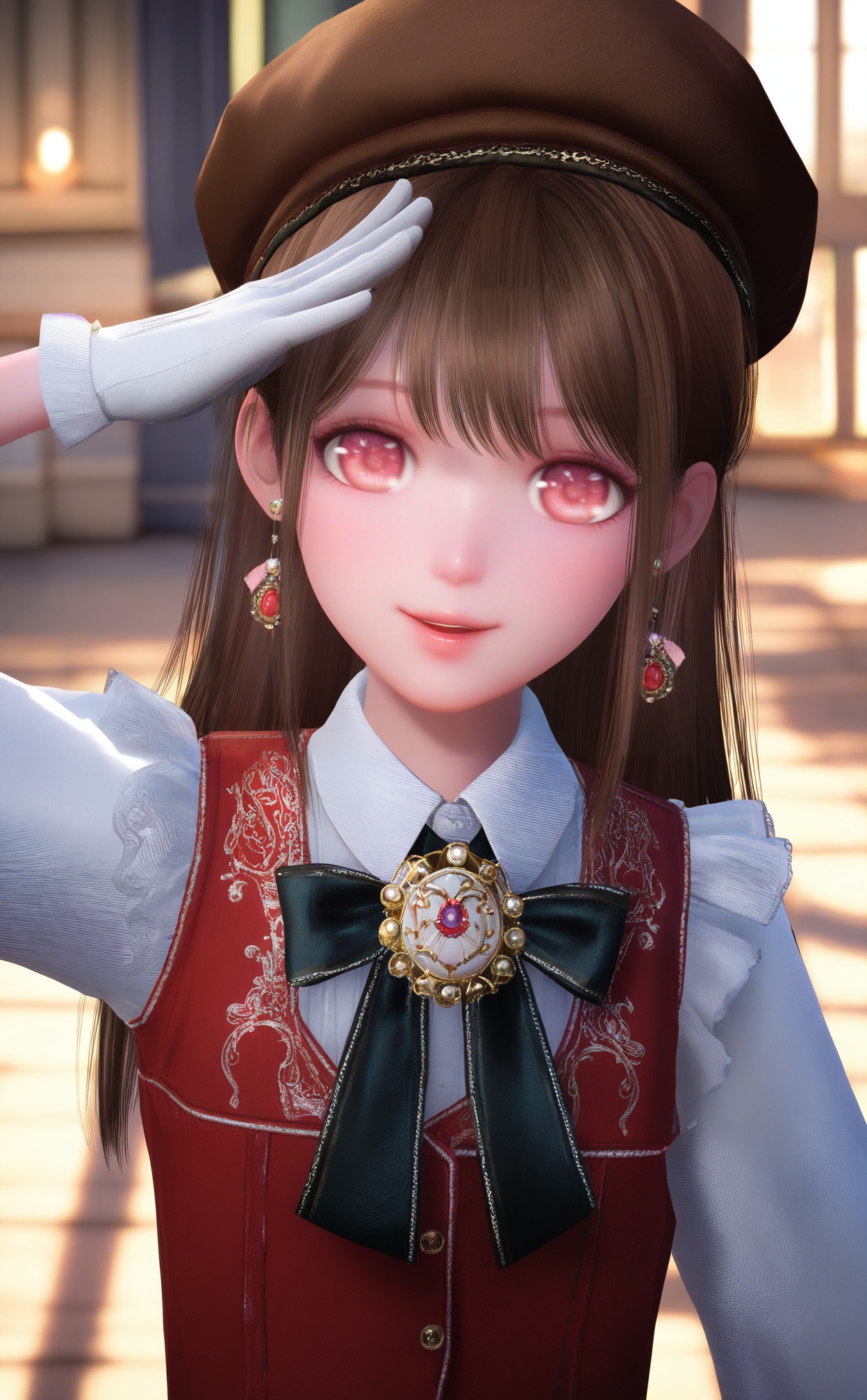 masterpiece,very aware,highres,absurdres,newest,best quality,loli,petite,high quality,chromatic_aberration,//,nuannuan, 1girl, jewelry, solo, gloves, earrings, brown_hair, looking_at_viewer, white_gloves, vest, red_vest, shirt, long_hair, hat, salute, upper_body, parted_lips, long_sleeves, white_shirt, red_eyes, blurry_background, blurry, window, ribbon, bow, brown_headwear, smile, pink_eyes, bowtie, embroidery, arm_up, collared_shirt, puffy_long_sleeves, brooch//,realistic,//,official art,depth of field,detailed light,blurry background,best shadow,shiny skin,cinematic lighting,ray tracing,amazing quality,very aesthetic,absurdres,beast quality,ultra detailed,newest,8K,HDR,<lora:nuannuan2——【noob】hans:1>,