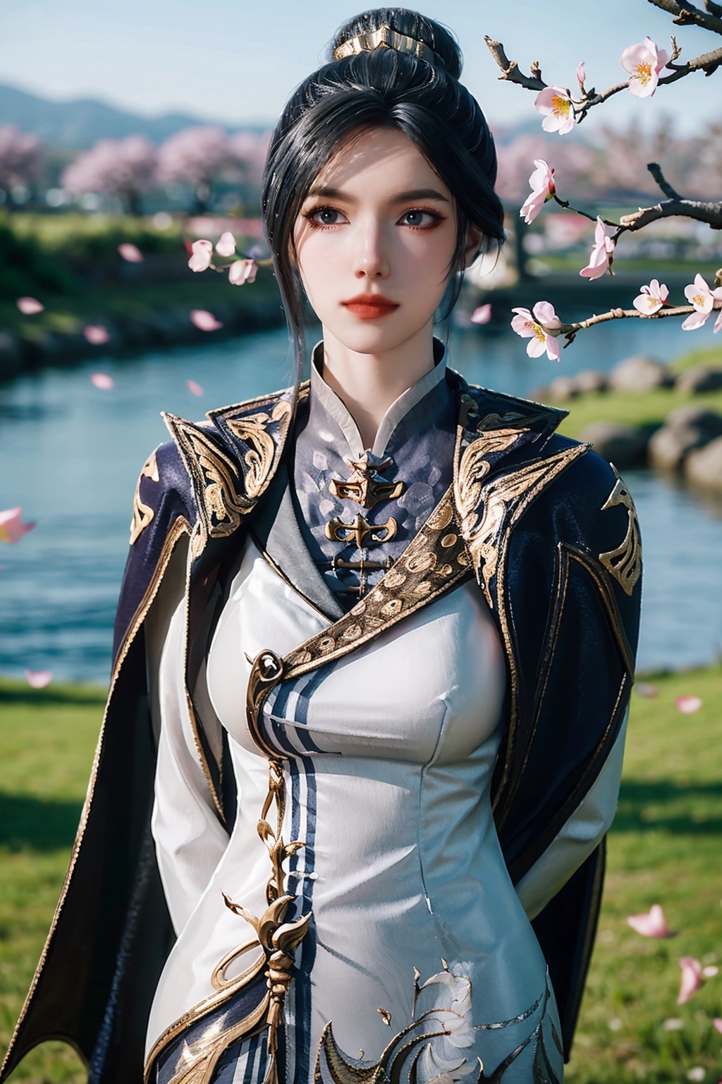 1girl,solo,closed mouth,single hair bun,(hair ornament),jewelry,high collar,(chinese clothes),jacket on shoulders,cape,(arms behind back),(looking at viewer),outdoors,nature,waterfall,grass,landscape,(lake),(peach blossom:1.2,falling petals:1.3),((upper body)),3d,game cg,Highly detailed,(best quality:1.5,masterpiece:1.5),<lora:zhouyi:0.85>,zhouyi,