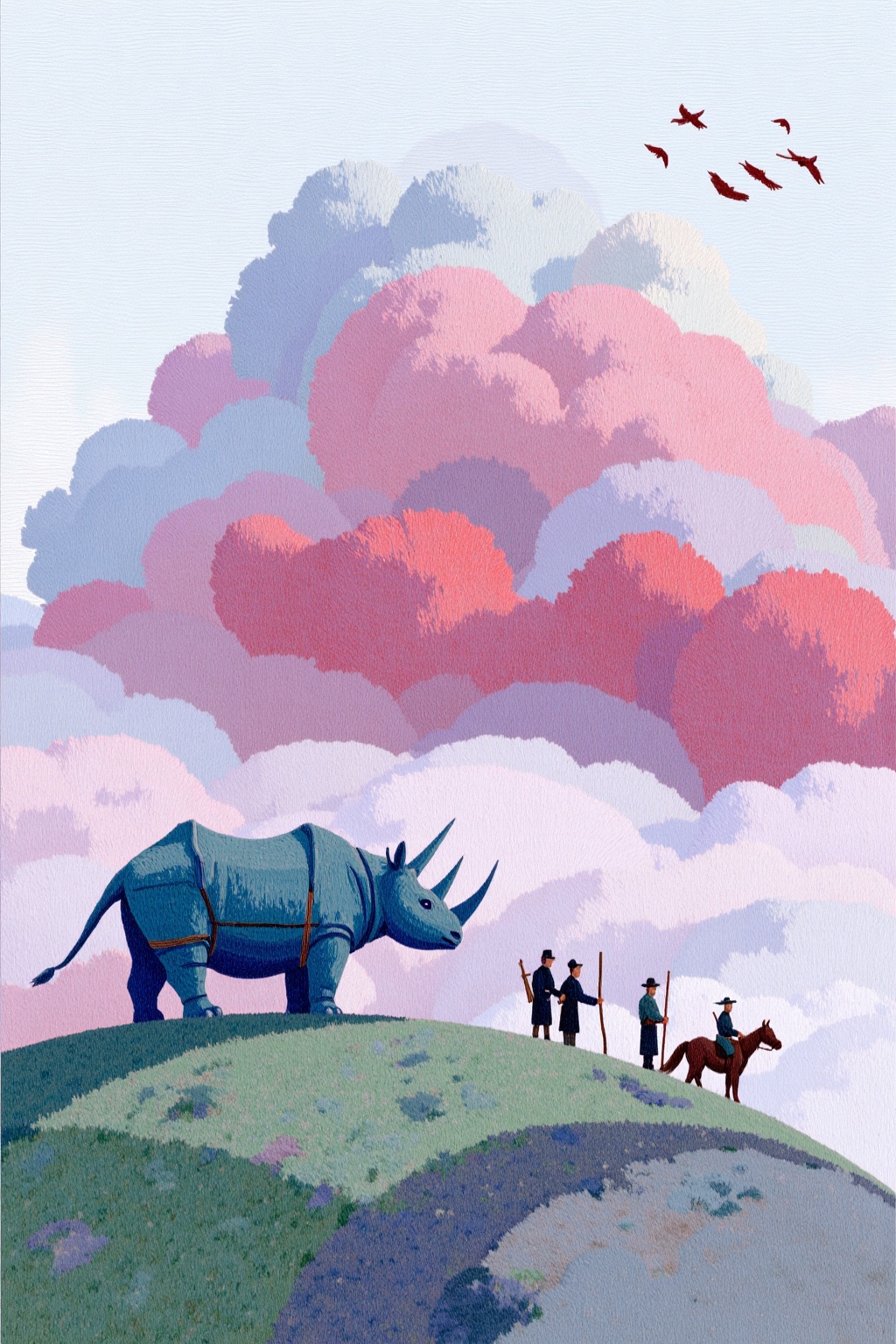 beijihui,Captured at eye-level on a medium-sized painting,a blue rhino is standing on a grassy hill with a harness on its back. The rhino's head is adorned with two horns,one on each side of its head and the other on its hind legs. Two men are standing on the right side of the rhino,each holding a long stick in their hands. They are dressed in dark clothing,with hats on their heads. A third man is on a brown horse in the background,looking at the rhinoceros. The background is a vibrant shade of pink,with a large cloud in the upper right corner of the frame,adding a pop of color to the scene. To the right of the image,a few red birds are flying in the sky.,