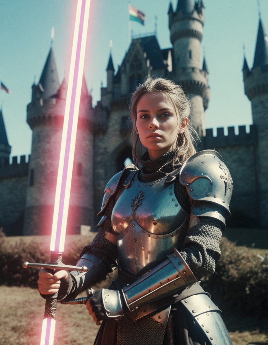 a woman with a sword,  armor,  fantasy castle on Tensor.Art