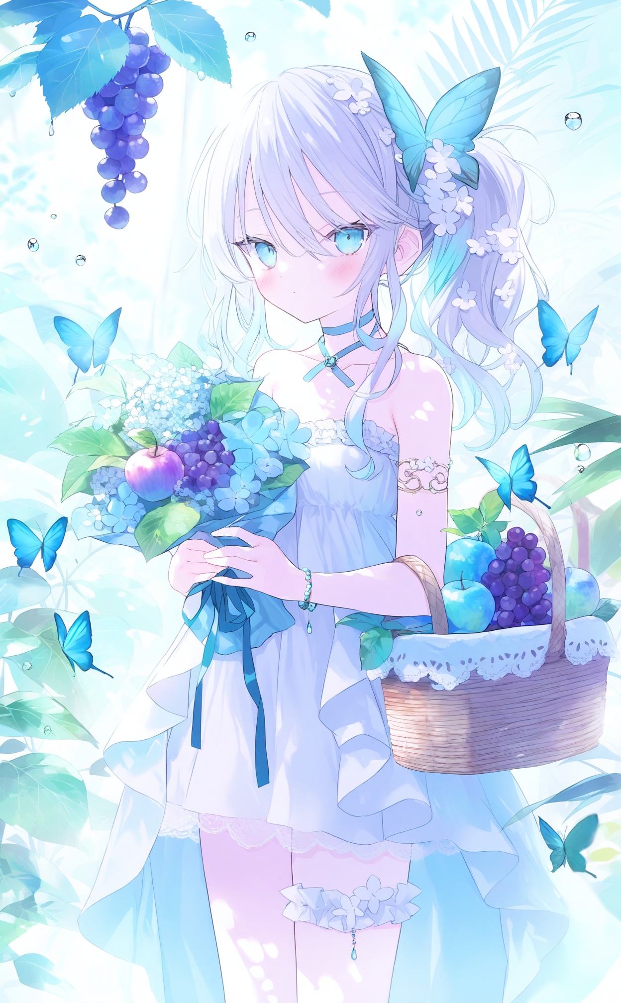 masterpiece,absurdres,best quality,loli,petite,high quality,chromatic_aberration,//,best, 1girl, dress, flower, bug, solo, butterfly, hair ornament, fruit, white dress, blue eyes, holding, looking at viewer, long hair, food, bracelet, jewelry, hair flower, blue flower, choker, strapless dress, white hair, blush, hair between eyes, leaf, ribbon choker, water drop, grapes, holding flower, plant, collarbone, bare shoulders, strapless, ribbon, thigh strap, standing, dot mouth, blue butterfly, closed mouth, feet out of frame, blue theme, blue ribbon, apple, hands up, gem, sleeveless dress, bouquet, neck ribbon, hydrangea, armlet, breasts, sidelocks, beads, sleeveless, off-shoulder dress, holding food, grey hair, short dress, ponytail, small breasts, holding bouquet, basket, aqua eyes, blue hair, cowboy shot, bridal garter, holding fruit, frills, bead bracelet, purple flower, bubble, expressionless, blue choker//,<lora:guimao2025.10.24——【noob】hans:1>,