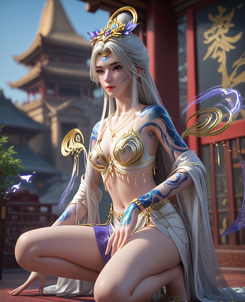 (oriental architecture, elegant decor, sophisticated style:1.1),Crouching down with hands touching the ground,,(breasts:1.2),<lora:XL16完美世界莫仙:0.95>,miss moxian,white filigree bra,white chiffon skirt,blue eyes,white hair,very long hair,hair ornament,traditional chinese updo with long front strands,facial mark,necklace,(blue tattoo:1.3),(full right sleeve:1.3),hagoromo,, zPDXL2, score_9, score_8_up, score_7_up BREAK realistic, masterpiece,best quality, highly detailed,, zPDXL3, zPDXL2,zPDXL, zPDXLxxx, zPDXLrl,