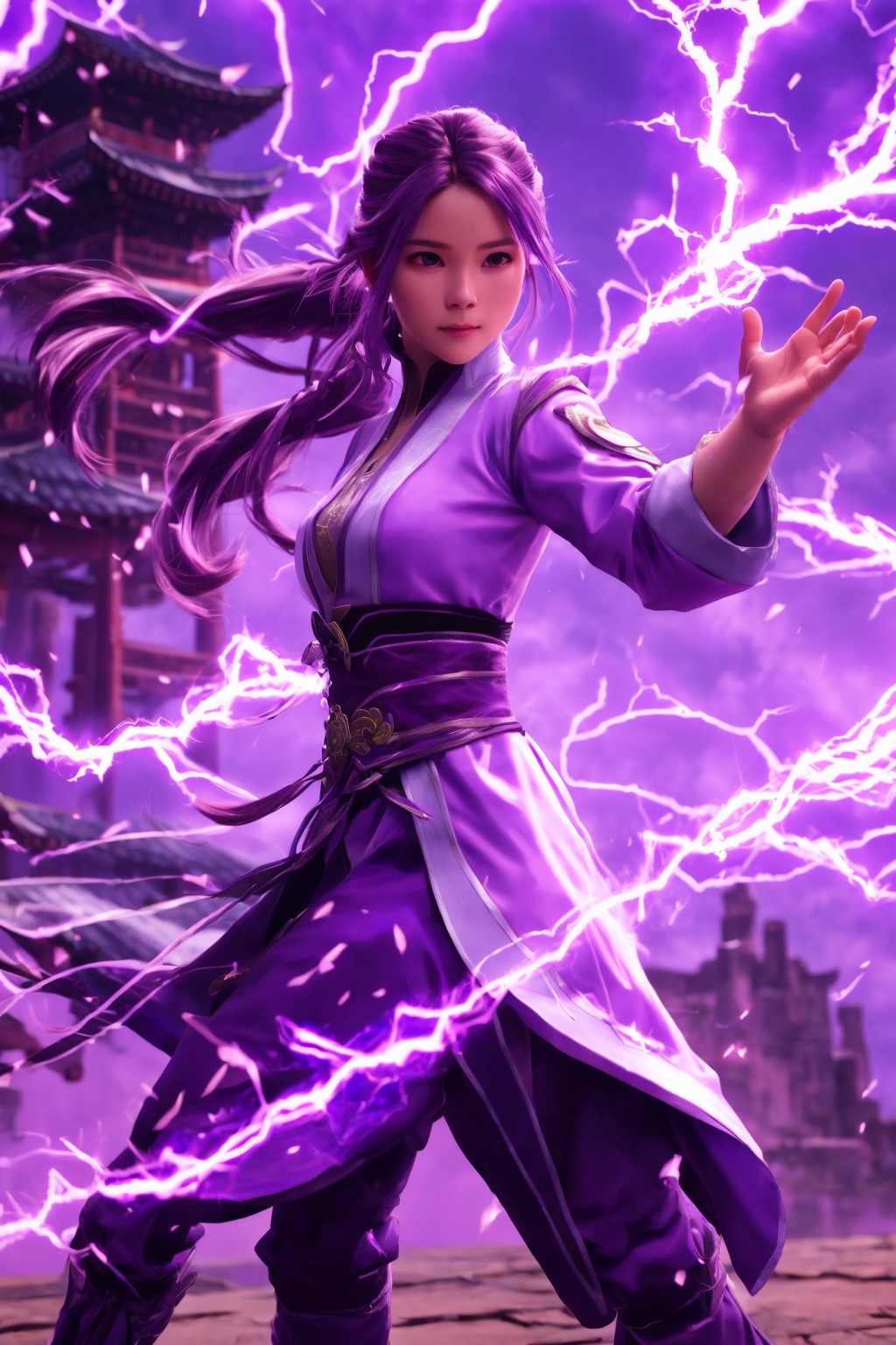 purple-lightning-aura,using purple-lightning-magic,purple-lightning-magic,ancient-costume,dancing,fighting stance,1girl,solo,long hair,brown hair,<lora:magic_fighting_purple_512_dreamshaper_8:0.8>,