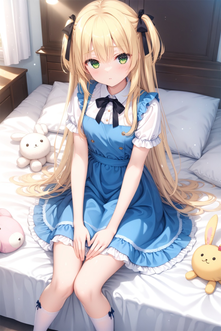 (masterpiece),(best quality),illustration,ultra detailed,hdr,Depth of field,(colorful),1girl,solo,blonde hair,long hair,green eyes,stuffed rabbit,stuffed toy,stuffed animal,pillow,sitting,dress,frills,very long hair,ribbon,white socks,two side up,socks,looking at viewer,short sleeves,black ribbon,bed,bow,shirt,white shirt,own hands together,hair between eyes,blue dress,hair ribbon,sleeveless dress,hair bow,frilled dress,indoors,on bed,pinafore dress,sleeveless,