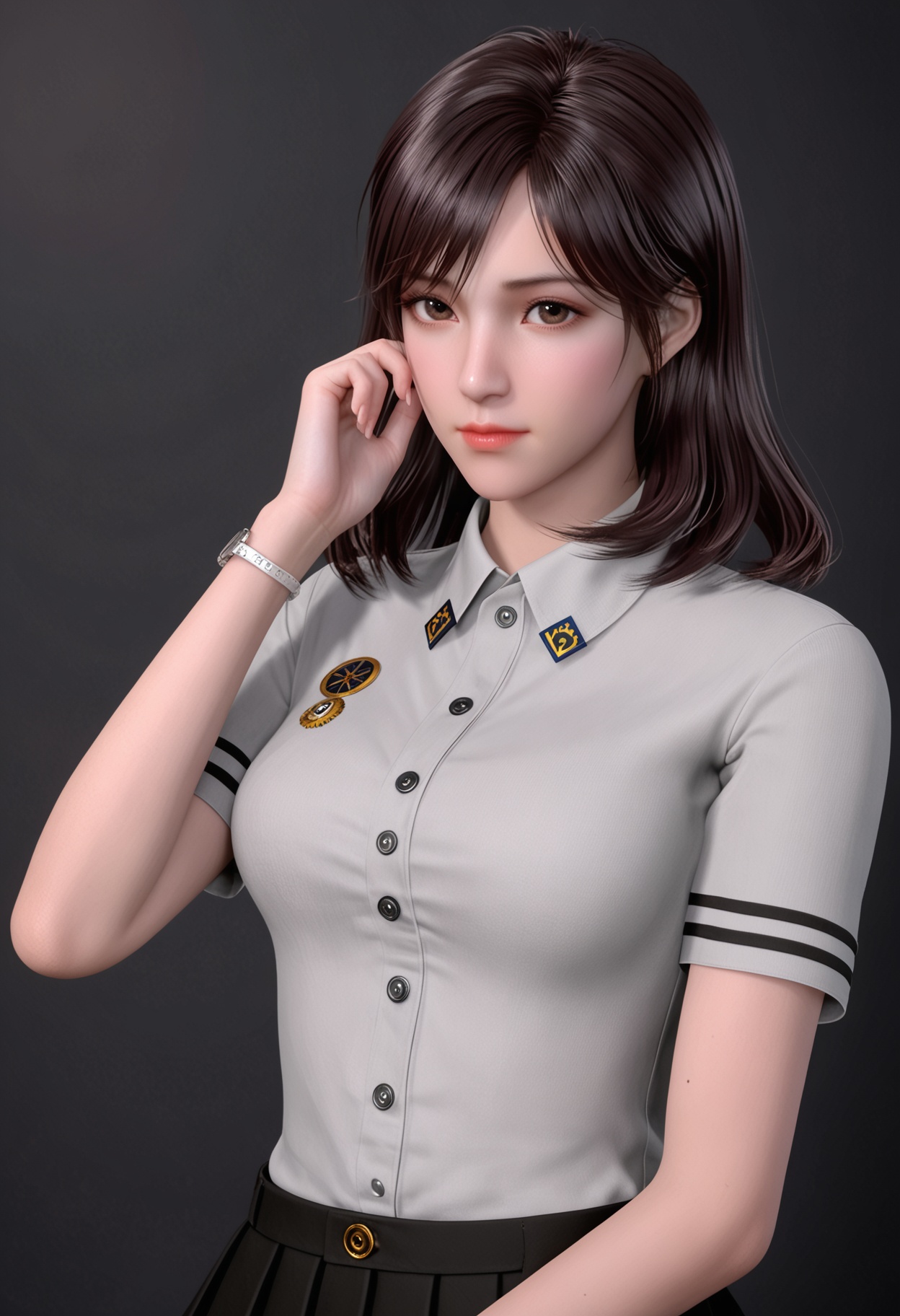 (cowboy shot:1.1),(masterpiece:1.1),(best quality:1.2),(intricate details),(looking at viewer:1.1),facing viewer,direct gaze,<lora:YQ_pony_xuxin2.0_V5:0.8>,q1528437228,1girl,solo,long hair,brown eyes,brown hair,shirt,black hair,buttons,skirt,school uniform,jewelry,watch,wristwatch,black eyes,medium hair,swept bangs,bracelet,loafers,BREAK simple background,pure black background,black background,perfect anatomy,