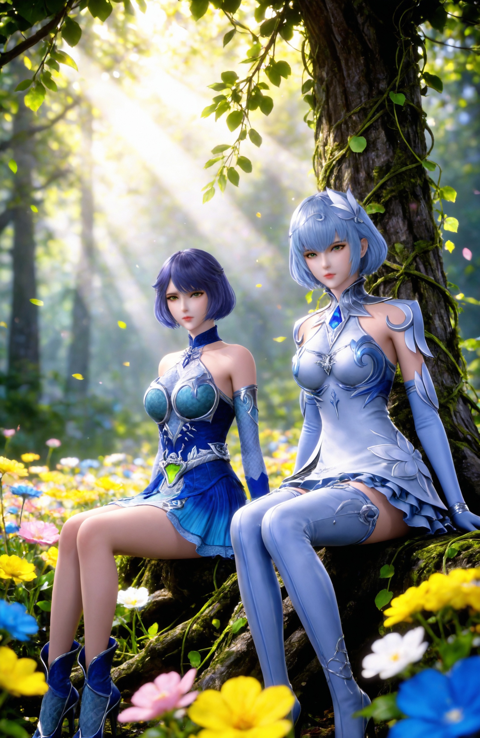 <lora:斗罗大陆-独孤雁+叶泠泠IL:0.7> 2girls, short hair, hair ornament, dress, thighhighs, bare shoulders,blue hair, short dress,elbow gloves,  white dress,  blue dress, high heels, thigh boots, boots, blue footwear,, 1girl, flower, sitting, blurry, yellow flower, blurry background, outdoors, sunlight, looking at viewer, nature, depth of field, arms at sides, leaf, tree, light rays, plant, feet out of frame, day,