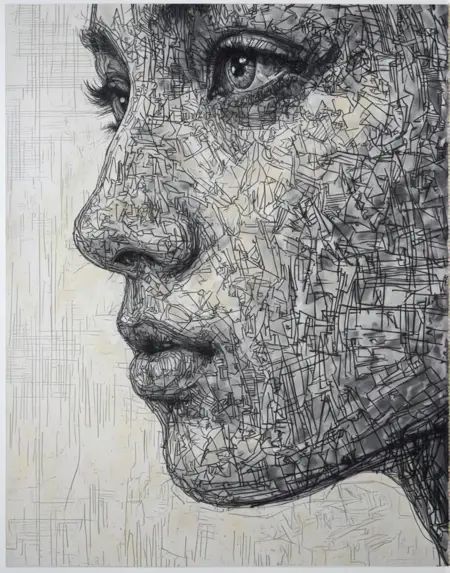 Mategake art style: A highly detailed,  monochromatic profile portrait of a human face rendered in thick,  textured brushs...