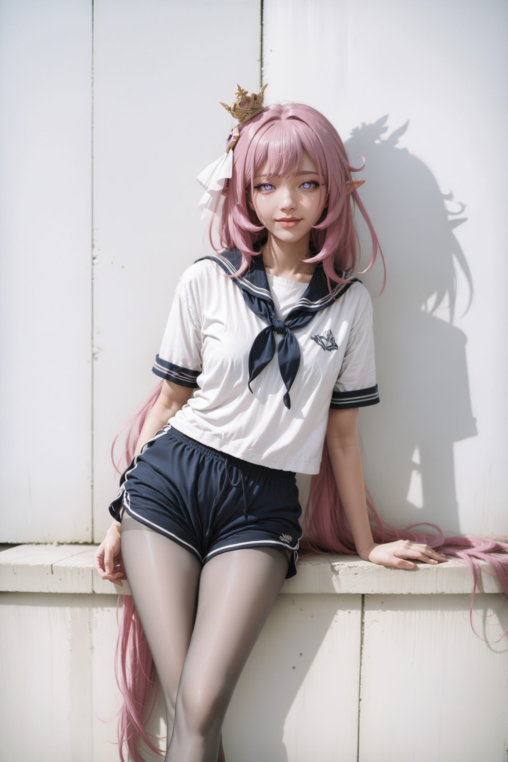 realistic photography,detailed,.,.,.,1girl,feet out of frame,.,<lora:ME:0.25>,elysia \(honkai impact\),grey pantyhose,makeup,sailor shirt,<lora:RE10-000020:0.85>,looking at viewer,light smile,elysia \(herrscher of human: ego\) \(honkai impact\),long hair,low twintails,gym shorts,standing,crossed legs,pointy ears,jewelry,mini crown,, very awa, masterpiece, best quality, highres, absurdres,