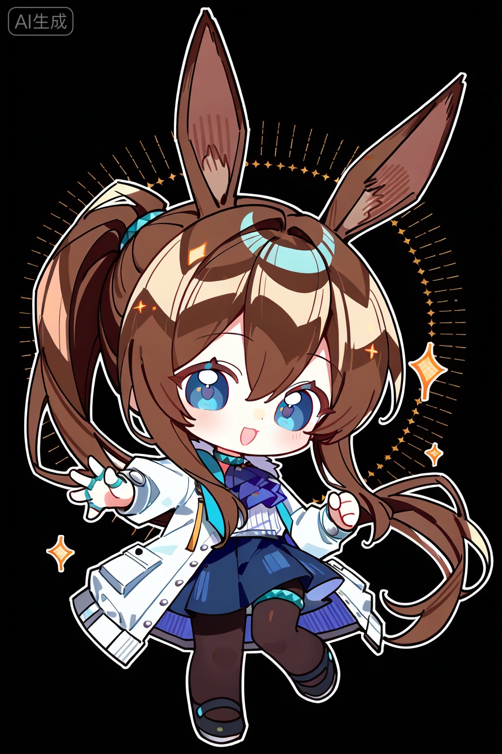1girl, , solo, , long hair, , looking at viewer, , smile, , open mouth, , bangs, , blue eyes, , skirt, , simple background, , brown hair, , shirt, , long sleeves, , holding, , animal ears, , hair between eyes, , jewelry, , standing, , jacket, , full body, , ponytail, , :d, , pantyhose, , open clothes, , shoes, , chibi, , black footwear, , rabbit ears, , open jacket, , official alternate costume, , blue skirt, , black pantyhose, , ascot, , ring, , white jacket, , standing on one leg, , outstretched arm, , black background, , rabbit girl, , multiple rings, , thumb ring, , blue ascot, , amiya \(arknights\), , soft colors,, Negative prompt: ng_deepnegative_v1_75t,(badhandv4:1.2),EasyNegative,(worst quality:2),username,out of focus,bad proportions,cropped,watermark,signature,worstquality,grayscale,logo,text,blurry,low quality,bad anatomy,sketches,lowres,normal quality,monochrome,,nsfw, Steps: 29, Sampler: Euler a, CFG scale: 7.0, Seed: 719061948, Size: 1024x1536, Model hash: fe1361c879, Model: illustrious_v20_1.safetensors, Denoising strength: 0.0, RNG: CPU, Lora 1: Art-山楂糖, Lora Hash 1: 0b6112434b, Lora Weight 1: 0.8, vae_name: automatic