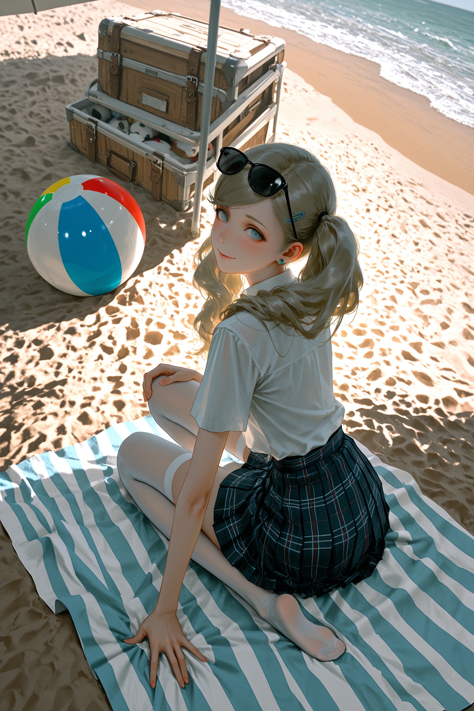 Lazypos,masterpiece,best quality,very aesthetic,BREAKp5ann,takamaki anne,blonde hair,long hair,twintails,swept bangs,hair clip,p5ann-strikersswim,sunglasses,eyewear on head,earrings,school uniform,plaid skirt,white thighhighs,sitting,BREAKsolo,on beach towel cloth,umbrella,beach ball,high angle side view,from behind,looking back,looking at viewer,one hand on ground,one hand on knee,beach,blush,smile,BREAK(rella:1.2),(redum4:1.2) (au \(d elete\):1.2) (dino \(dinoartforame\):1.1),wlop,epic,