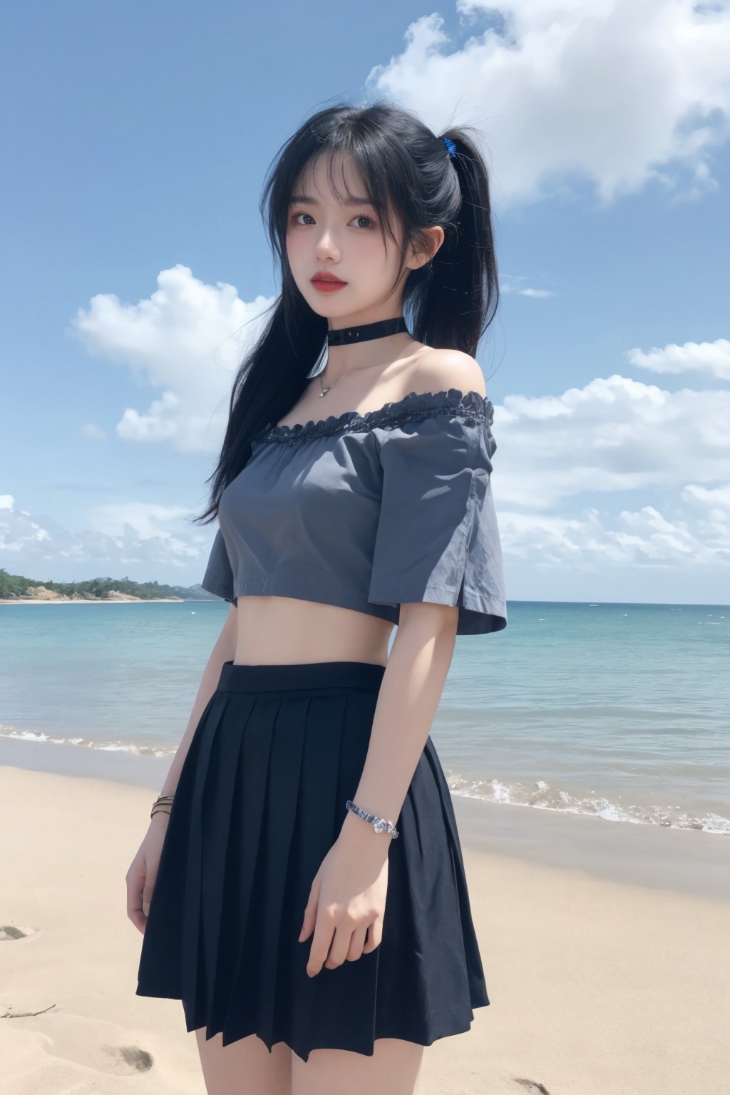1girl,beach, black choker, black skirt, blue hair, blue sky, bra strap, bracelet, breasts, choker, cloud, cloudy sky, cowboy shot, crop top, cross, day, hair ribbon, jewelry, lips, long hair, looking at viewer, midriff, navel, necklace, ocean, off-shoulder shirt, off shoulder, outdoors, pleated skirt, ribbon, shirt, skirt, sky, smile, solo, standing, twintails,full body<lora:美女:0.66>