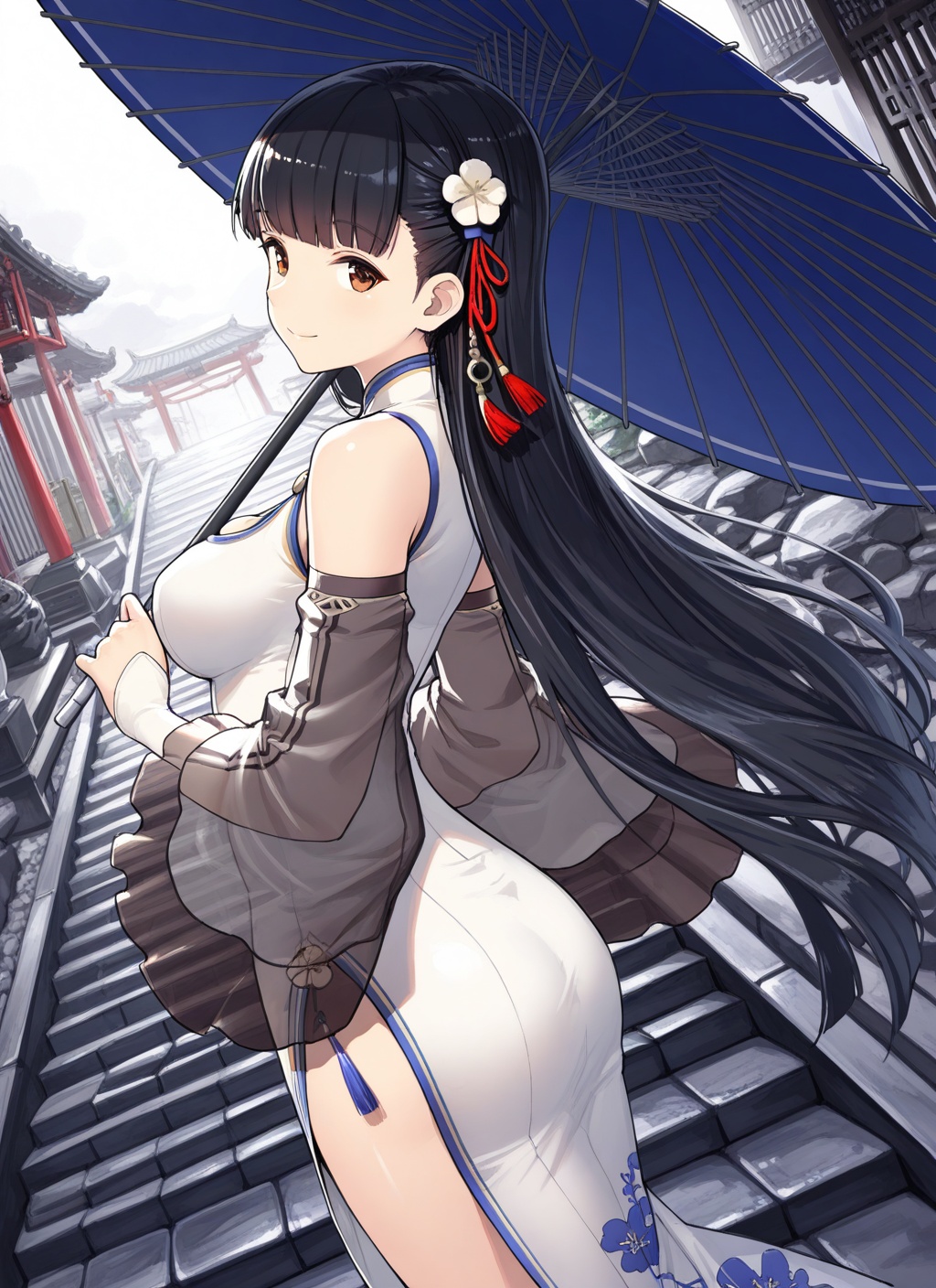 <lora:yat_sen_IL_v1.0:1>,yat sen \(azur lane\),china dress,bare shoulders,from side,looking at viewer,dutch angle,smile,holding umbrella,oil-paper umbrella,stone stairs,, masterpiece,best quality,
