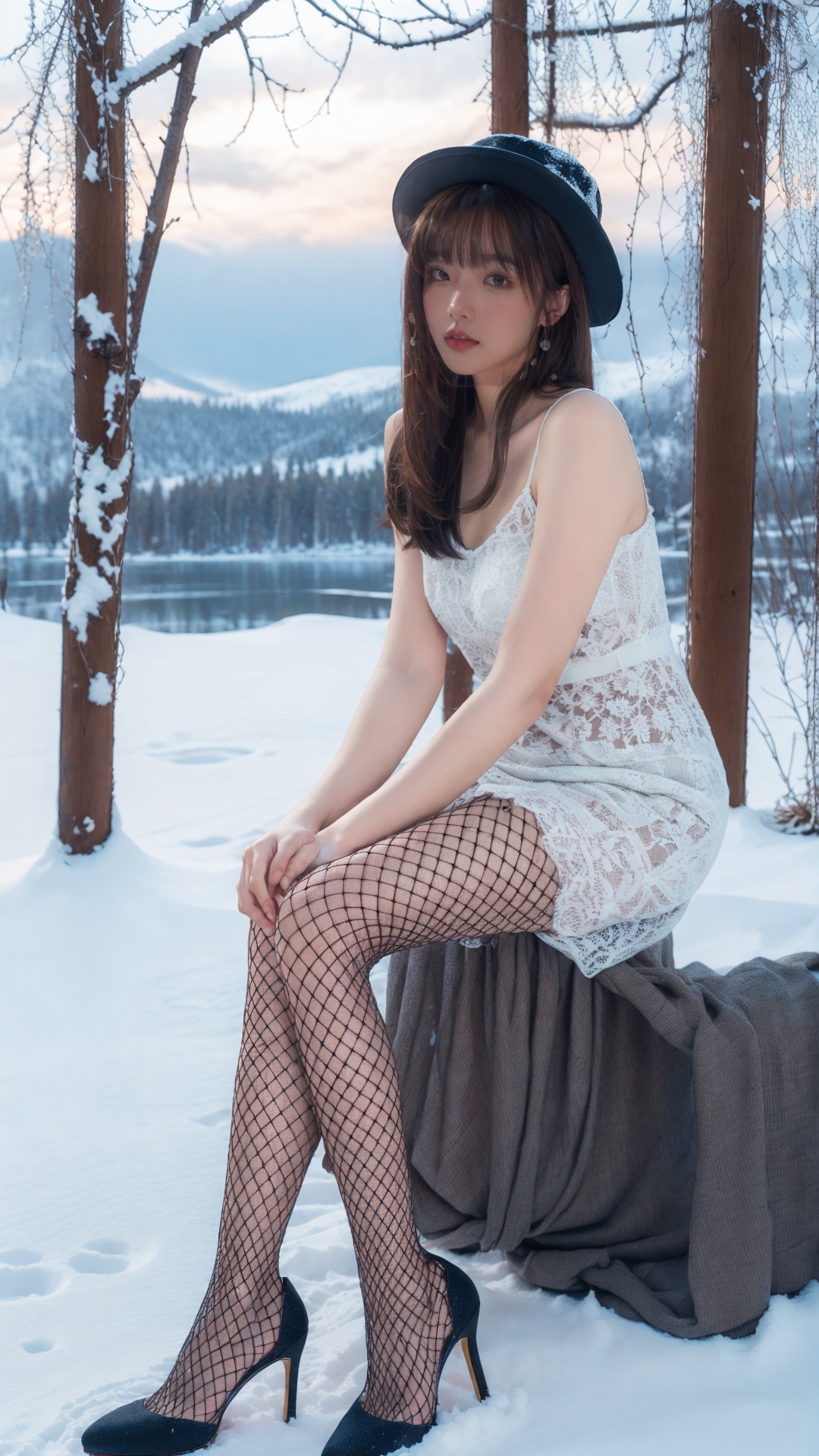 fishnet  pantyhose,high heels,masterpiece,best quality,winter,snow field,1girl,bangs,blue eyes,blunt bangs,brown hair,fruit,full body,hat,long hair,looking at viewer,red flower,red rose,rose,sitting,solo,sky,sun,mountain,forest,lake,<lora:merged_0013:0.65>,