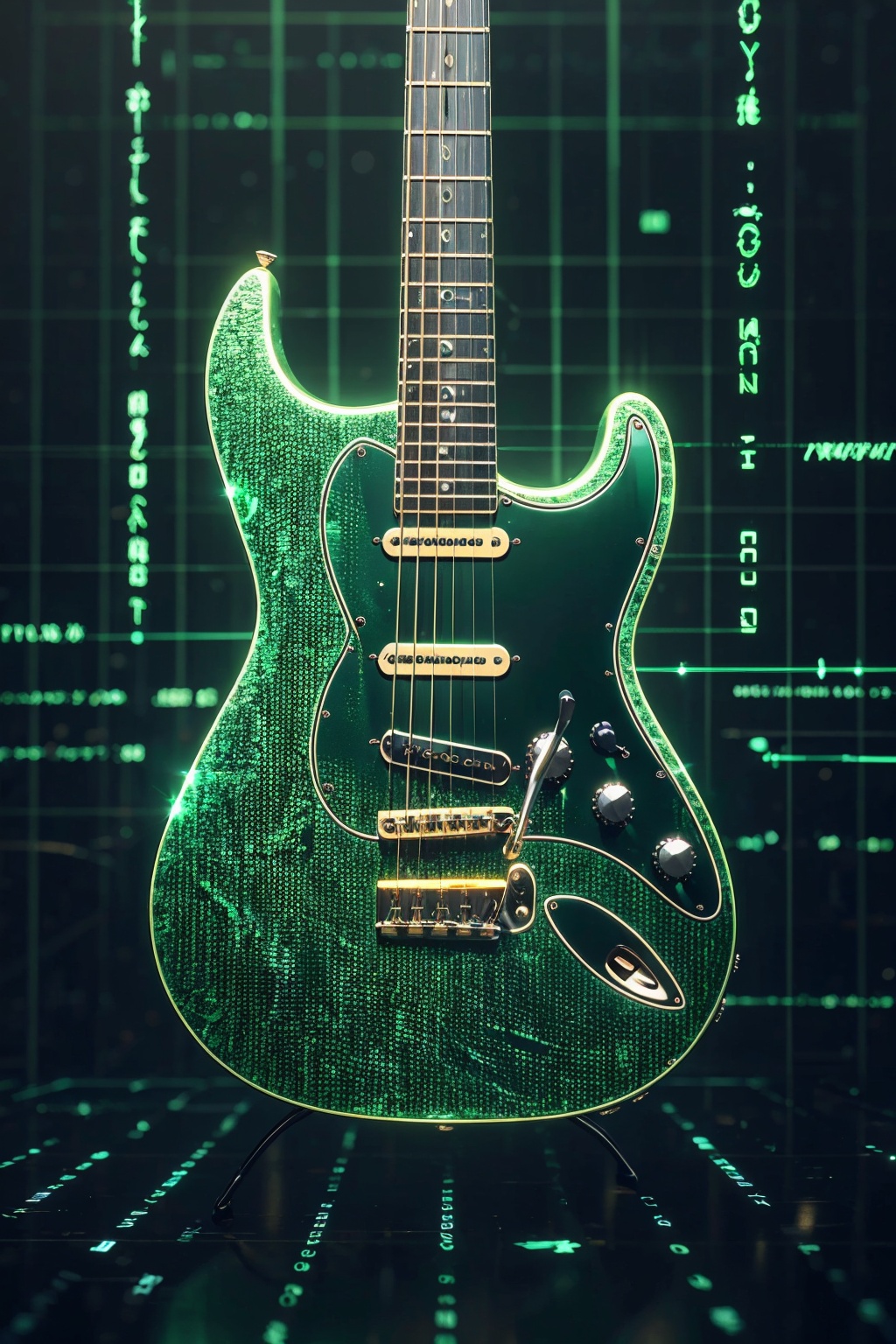 sdmai,Data streams,abstract art,binary code,cyberspace,Green theme,guitar,<lora:SDMAI数字抽象线性艺术:0.75>,