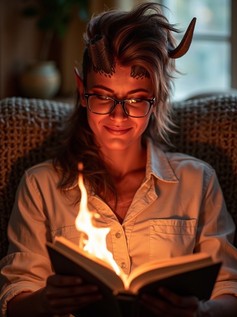 woman happy grin portrait. wearing a loose white shirt. Wearing glasses. relaxing on a sofa reading a book. the book is on...