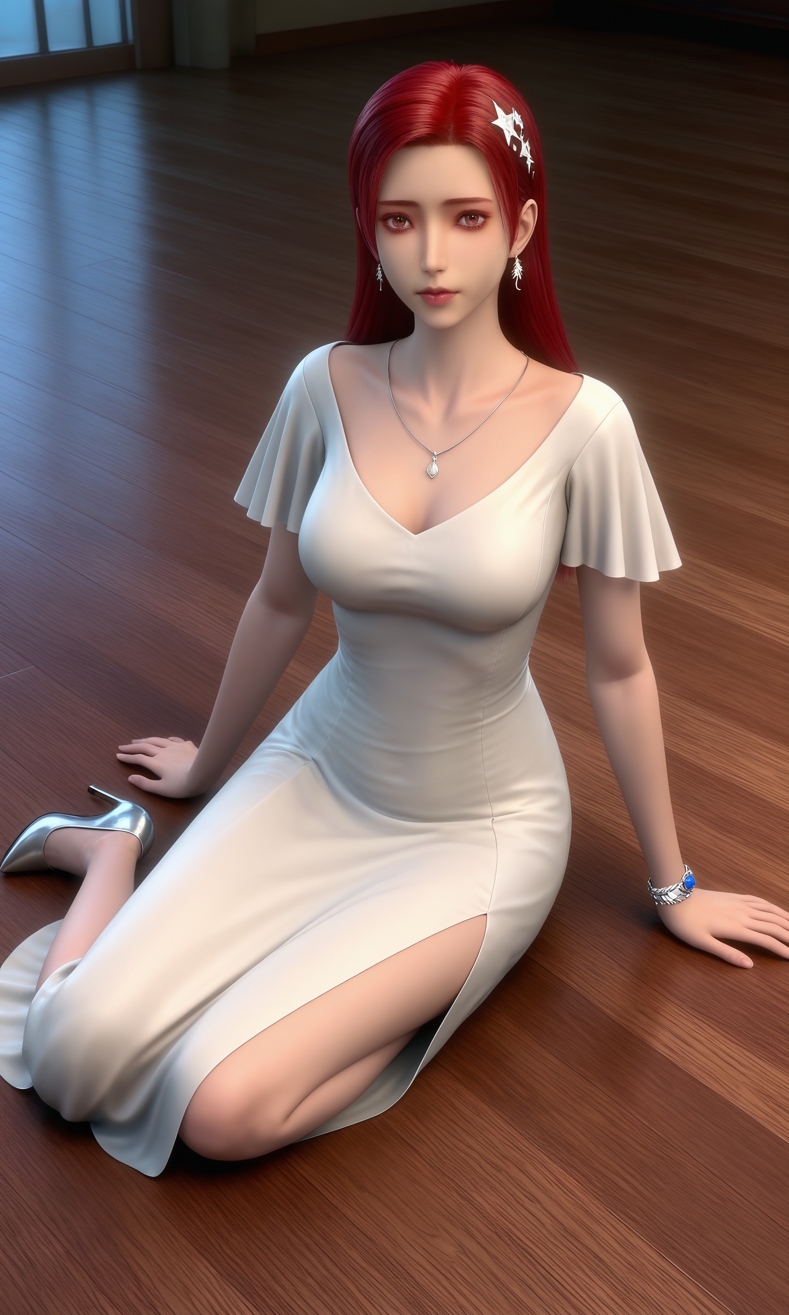 <lora:游侠战纪-秦梨落-白裙Pony:0.8>,1girl,long,straight red hair,form-fitting,off-white,knee-length dress,short,flared sleeves,deep V-neck,high slit,small pendant,bracelet on her right wrist,silver high heels,looking at viewer, sitting, wooden floor, realistic, arm support, medium breasts, yokozuwari, on floor,