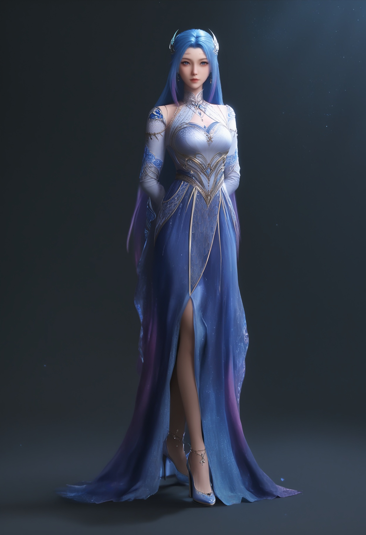 masterpiece,best quality,absurdres,highres,BREAK(glamor:1.1),slender,1girl,solo,<lora:唐舞桐-ill:0.85>,long hair,blue hair,hair ornament,gradient hair,jewelry,earrings,necklace,high collar,clothing cutout,dress,detached sleeves,anklet,high heels,butterfly,looking at viewer,front view,standing,arms behind back,BREAKsimple background,black background,rim light,Tyndall effect,Volumetric Lighting,Cinematic Lighting,realistic,depth of field,
