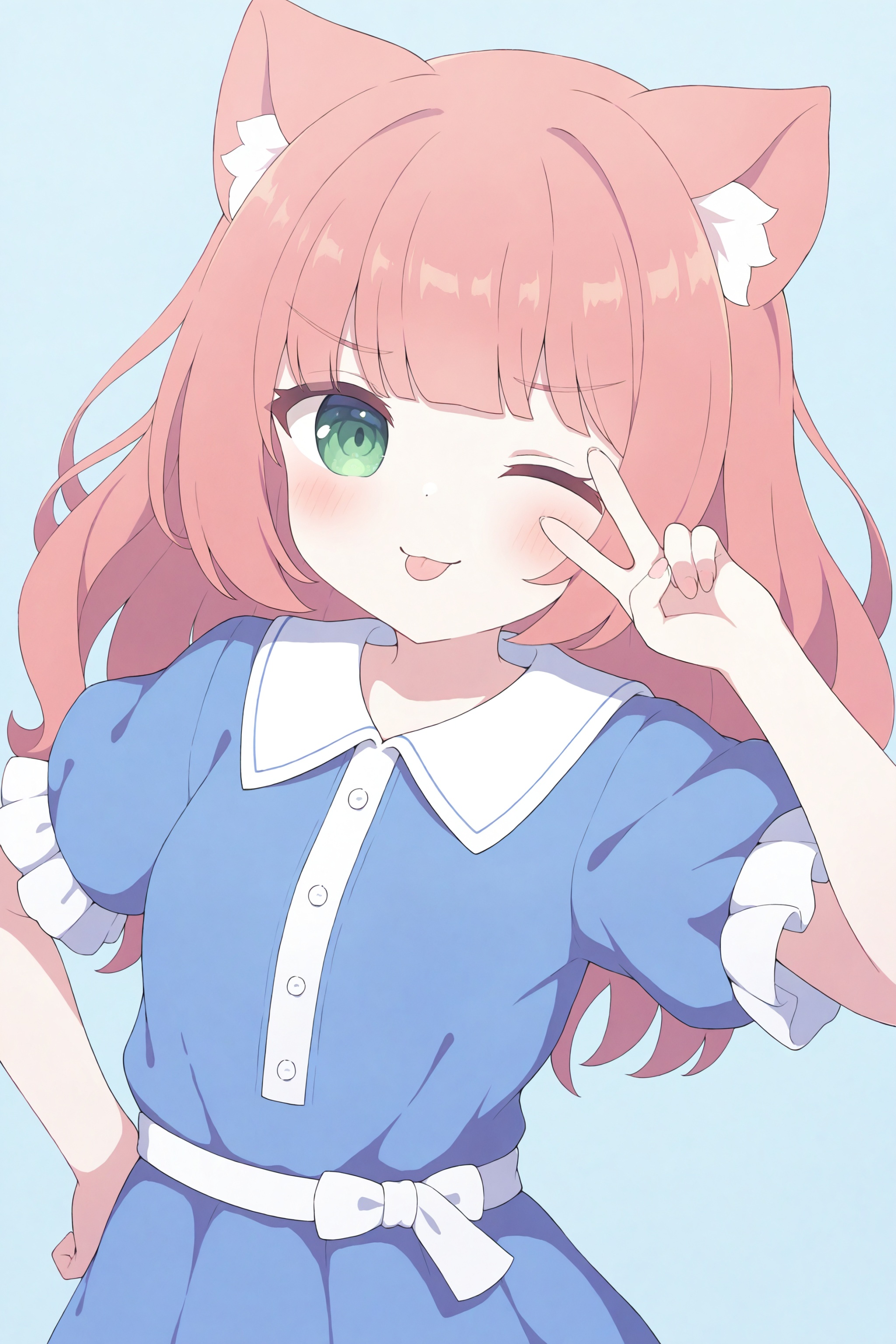 1girl, solo, cat girl,small breasts, one eye closed, tongue out, tongue, solo, v, simple background, smile, looking at viewer, v over eye, blue dress, blush, closed mouth, dress, portrait, bangs, ;p, collared dress, hand up, :p, dot nose, fingernails,years2025, very aesthetic, masterpiece, best quality, ultra-detailed, high contrast, huge filesize,<lora:Sora-TYC-XL-v1:0.85>