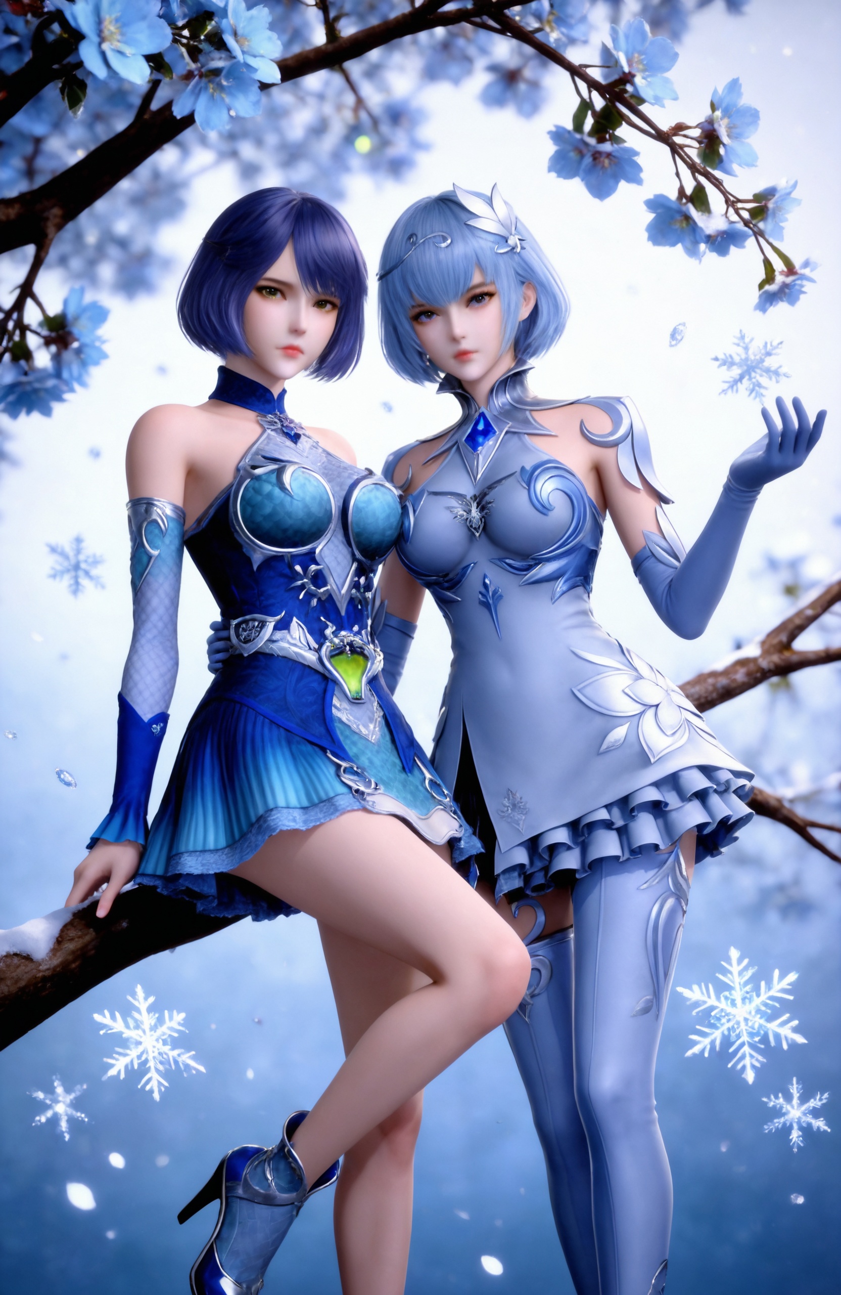 <lora:斗罗大陆-独孤雁+叶泠泠IL:0.7> 2girls, short hair, hair ornament, dress, thighhighs, bare shoulders,blue hair, short dress,elbow gloves,  white dress,  blue dress, high heels, thigh boots, boots, blue footwear,upper body, blue flower, looking at viewer, snowflakes, closed mouth, branch,