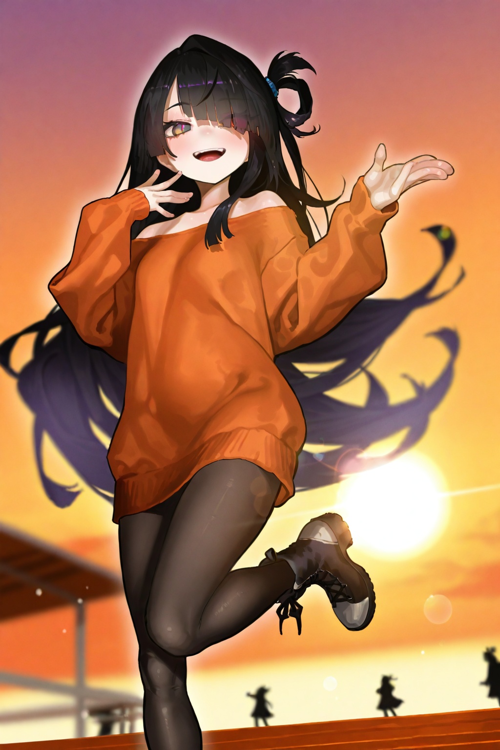 highres,absurdres,Visual impact,masterpiece,best quality,very aesthetic,amazing quality,very awa,newest,<lora:EkreaJan-Style-000050>,\\,1girl,solo,black hair,very long hair,long hair,asymmetric bangs,blunt bangs,diagonal bangs,hair over one eye,eyes visible through hair,single hair intake,single sidelock,single hair ring,red eyes,(gradient eyes:1.6),purple eyes,white pupils,\\,(depth of field:1.3),(bokeh:0.5),(caustics:0.5),sweater dress,tights,ankle boots,Laughing silhouette,jumping pose,Friends chasing shadows,Orange sunset sky,bleachers,High contrast silhouette,Wide panorama with lens flare,