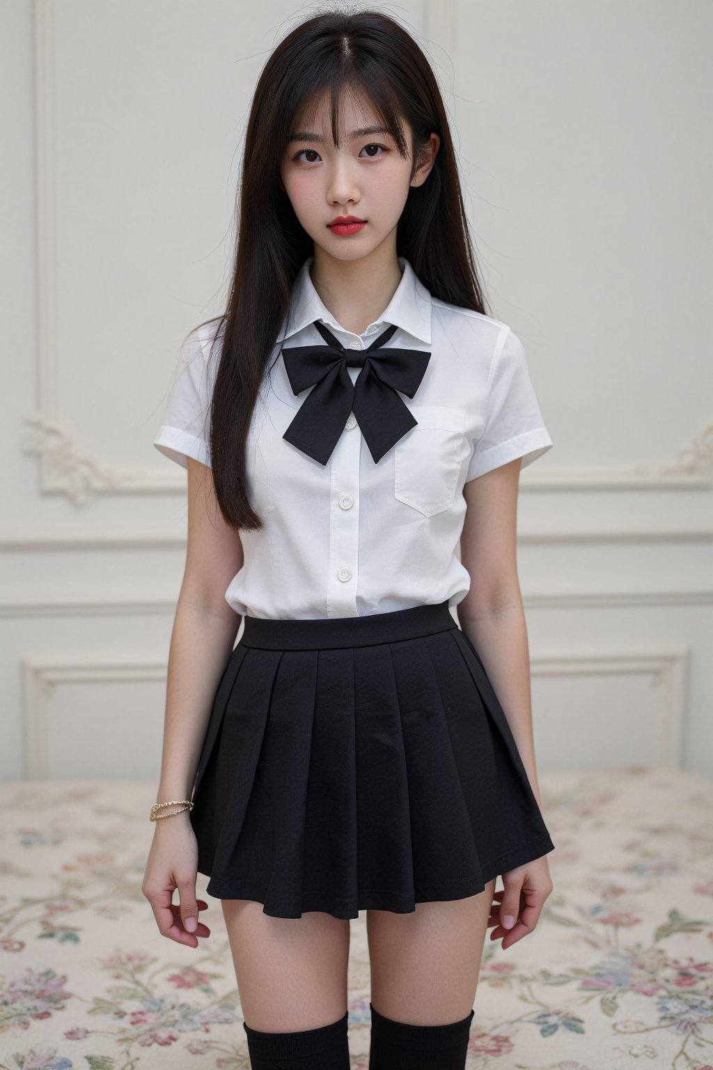 A young Asian woman,  estimated age range early twenties,  stands in a brightly lit room on Tensor.Art