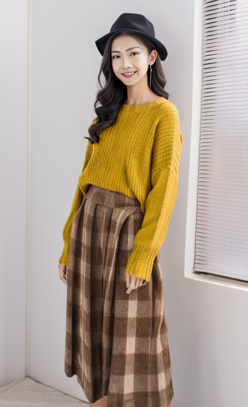 and, black_hair, breasts, brown, chin, concerned, hand, hat, her, jewelry, long_hair, medium, solo, standing, smile,looking at the viewer, woman, yellow, <lora:SD1.5_Xixi_V1.0:0.8>