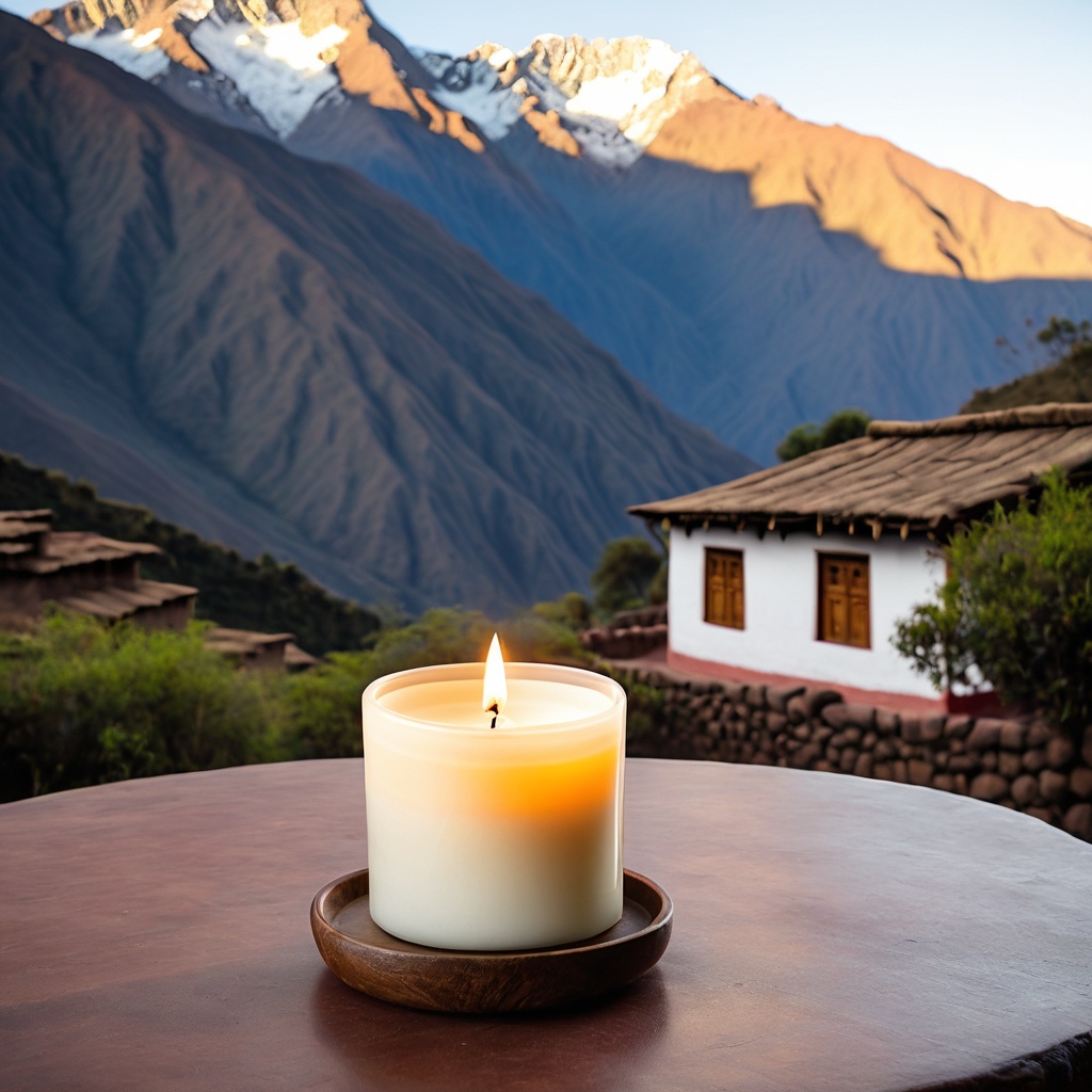 sceneandeahighl,  a scented candle,  Andean highland village table on Tensor.Art
