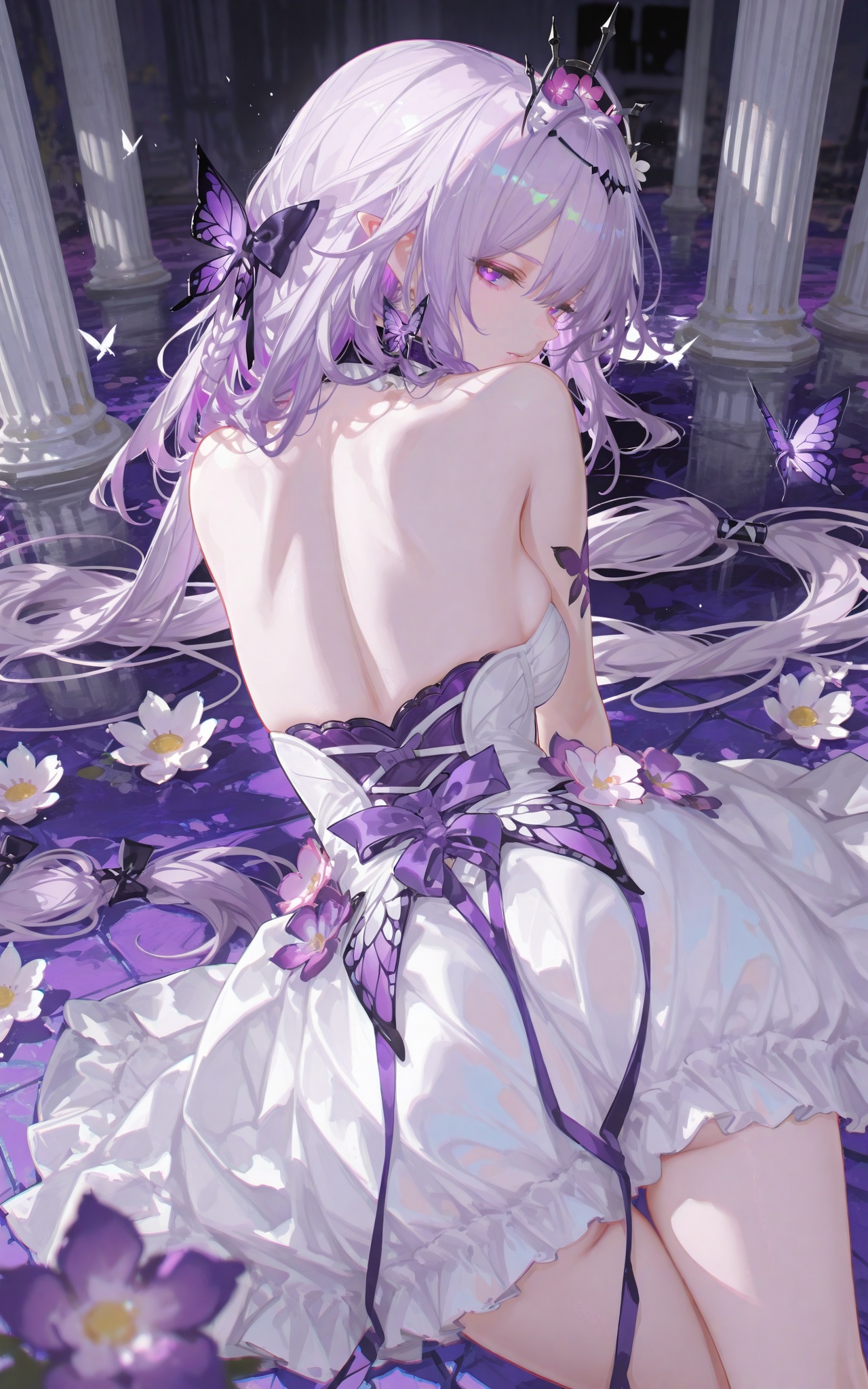 professional,masterpiece,best quality,newest,absurdres,highres,high resolution,best quality,ultra-detailed,high-definition,4k,8k,sharp focus,clear,crisp edges,smooth,vibrant colors,dynamic range,depth of field,safe,8k,best quality,masterpiece,(ultra-detailed),(high detailed skin),((artist:reoen),(artist:fuzichoco),(artist:atdan),(artist:torino_aqua),year 2024:0.8),[artist:wlop],[artist:ningen_mame],artist:ciloranko,[[artist:rhasta]],artist:tidsean,colorful,Agm,<lora:xl-ill-castorice(honkai_star rail)_v1-000010:0.8>,castorice\(honkai:star rail\),1girl,dress,solo,long hair,purple theme,purple hair,flower,purple eyes,looking at viewer,very long hair,looking back,multicolored hair,white dress,tiara,bare shoulders,bow,braid,from behind,back,hair ornament,bug,butterfly,bare back,strapless dress,white flower,purple flower,backless dress,backless outfit,purple bow,purple dress,strapless,back bow,crown,<lora:xl-ill-Detail enhancement-v1:0.8>,Detail enhancement,<lora:748cmSDXL:0.8>,748cmstyle,