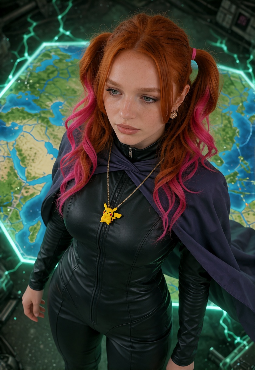 RoseX,  blue-green eyes,  auburn-red hair styled in twin pigtails on Tensor.Art