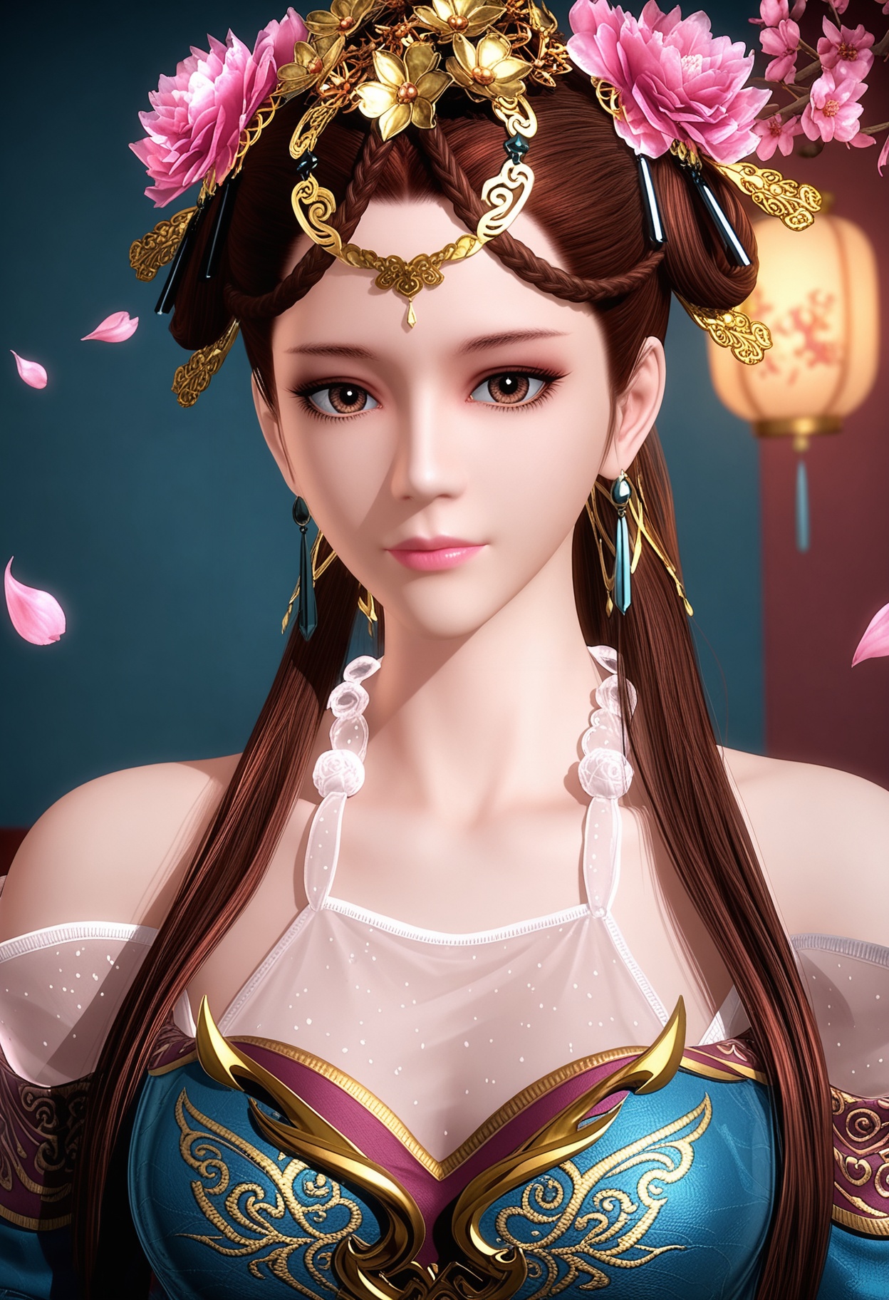 (upper_body:1.2),(looking at viewer:1.1),masterpiece,(best quality),smog,Dark room,dim lighting,peach blossom,falling petals,<lora:YQ_Illustrious光辉v5_涟衣_V1:0.8>,q1528437228,1girl,solo,brown hair,hair ornament,jewelry,long hair,hair flower,earrings,brown eyes,dress,chinese clothes,braid,necklace,hair rings,sash,twintails,