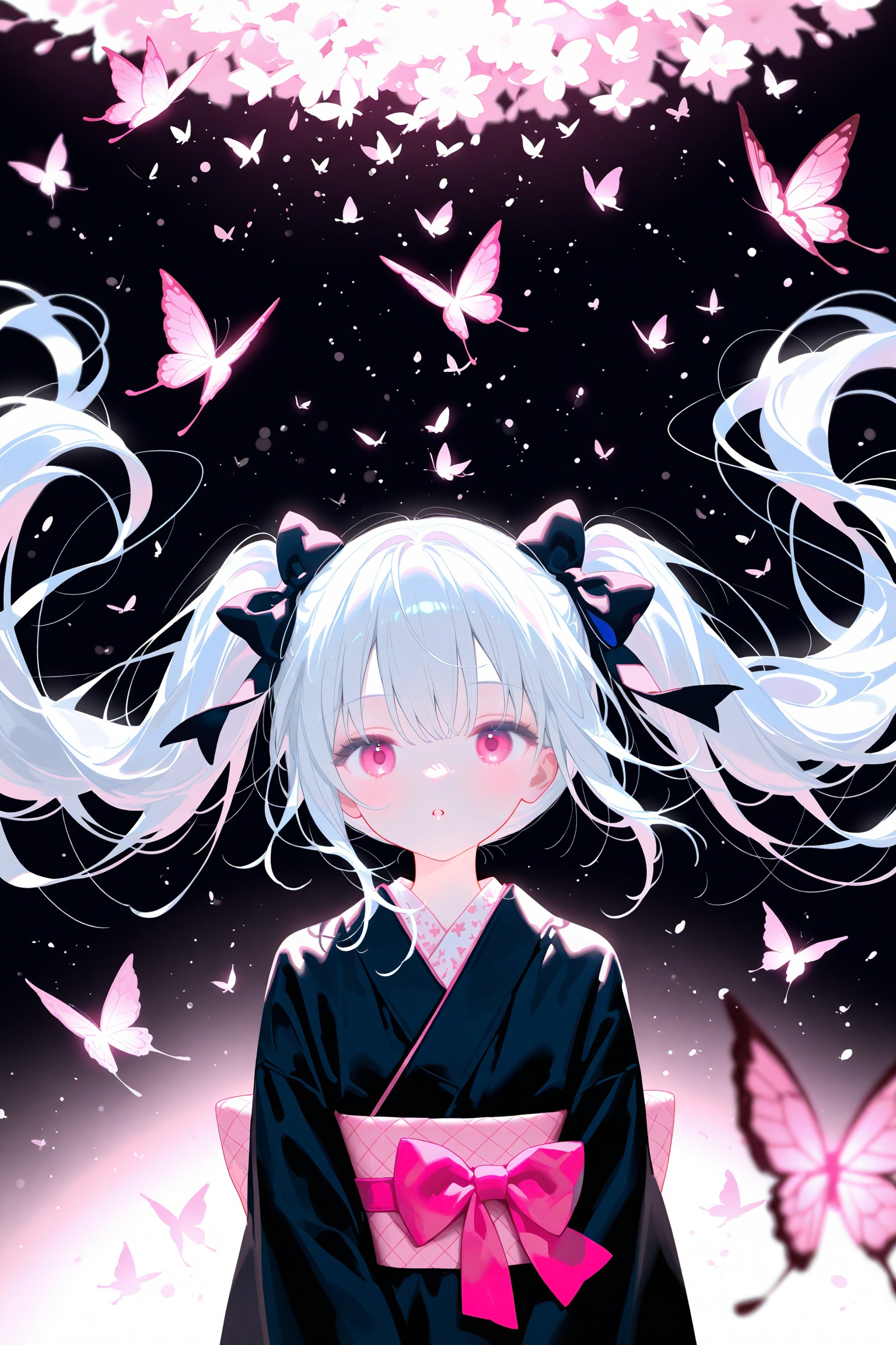long sleeves bow twintails very long hair upper body white hair hair bow parted lips japanese clothes kimono blurry :o black dress black bow floating hair depth of field animal bug pink bow butterfly black kimono