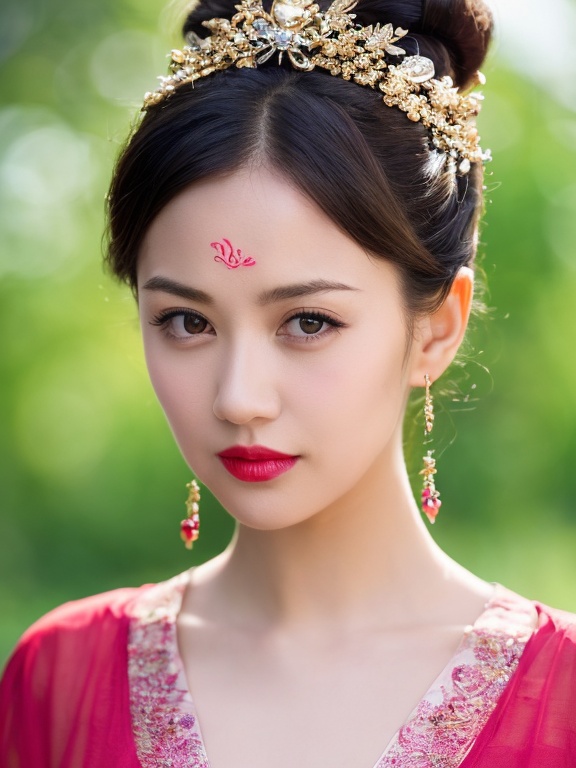 ((huadian)),close-up,High detail RAW color front view Picture of a stunning beautiful chinese girl,((light_smile)),((solo_focus,centered,looking at viewer:1.3)),(face_focus:1.2),((Her low-tied_updo with jewelry_accessories)),very_long_chain_earrings_with_green_drop,tiara,tassel,((intricated hair_ornament:1.2)),pale_skin,kanzashi,lipstick,chinese clothes,hair stick,parted lips,black_hair,ancient,gold embroidery,((intricated details:1.2)),((32k,RAW photo,best quality, masterpiece:1.2)),(photorealistic,Realistic:1.37),cinematic lighting,film still,atmosphere,ultra-detailed_face,detailed_eyes,long eyelashes,ultra-detailed skin and clothes,<lora:huadian_20240408133132:0.9>,forehead,headwear,((Her divine attire is resplendent with jewels)),{{{fire_mark:1.2}}},