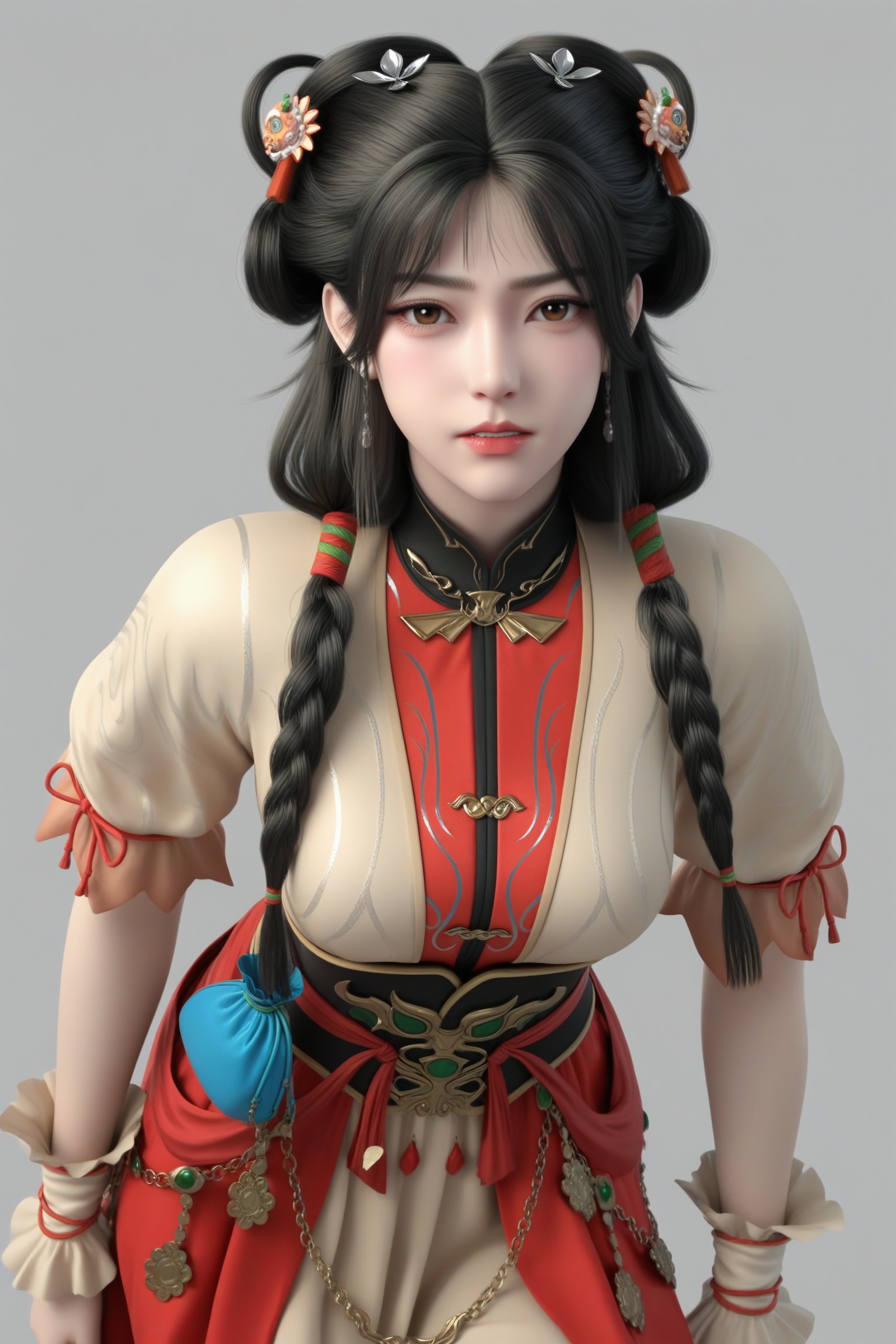 masterpiece,best quality,absurdres,highres,mature female,glamor,(slender:1.1),solo,<lora:金玉环-ill:0.83>,jingyuhuan,multi-tied hair,hair ornament,long hair,black hair,twin braids,braided hair rings,earrings,grey yes,brown_pupils,light blush,BREAKhigh collar,puffy short sleeves,waist belt,waist sash,ornate belt,high-waist skirt,long skirt,blue pouch,wrist cuffs,gold chain,looking at viewer,(front view),grimace,eyelid_pull,BREAK(white_skin:1.1),(fair_skin:1.1),realistic,simple background,white background,